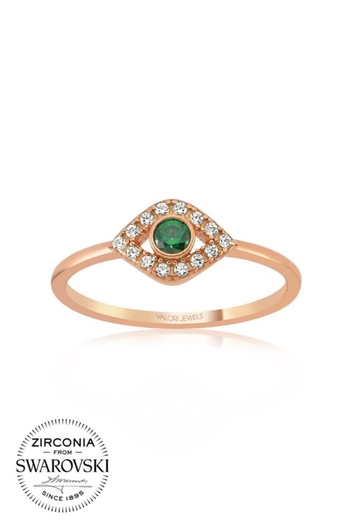 Valori Takı Mini Nazar Gözü, Swarovski Zirkon Yeşil Ve Beyaz Taşlı, Rose Gümüş Yüzük