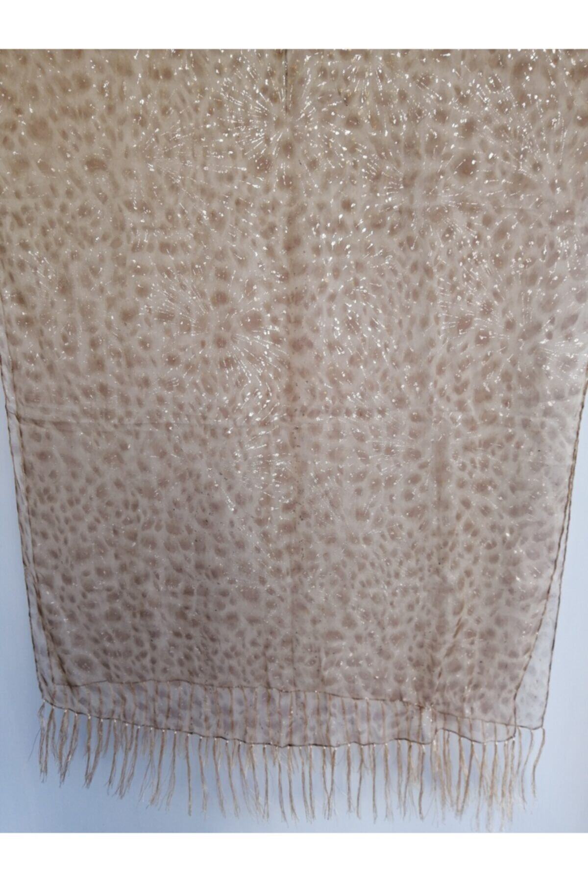 Butik Tülin Vizon Leopar Desen Simli Otantik Ipek Şifon Püsküllü Dikdörtgen Şal