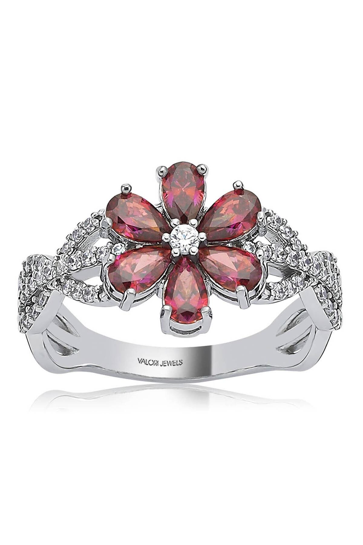 Valori Jewels 1 Karat Swarovski Zirkon Kırmızı Damla Taşlı, Gümüş Çiçek Yüzük