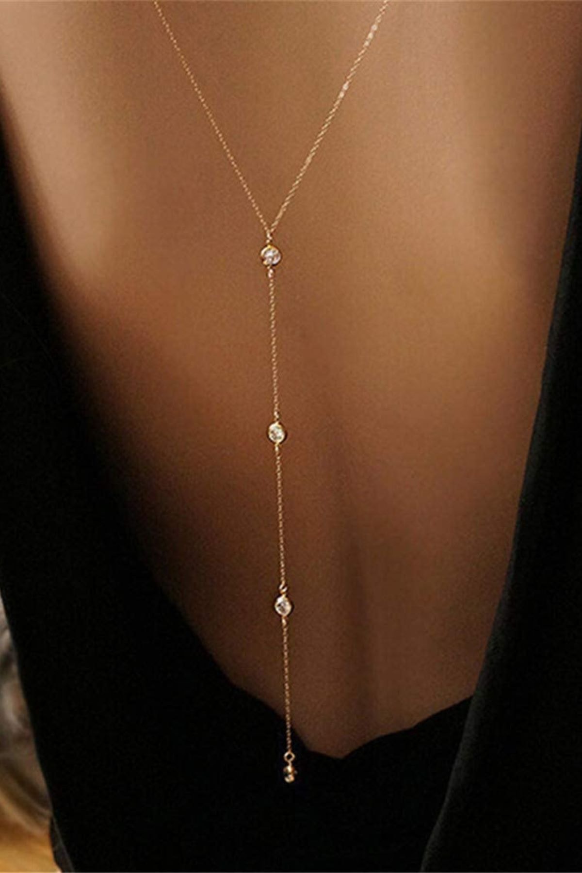 VipBT Kadın Sarı Rhinestone3 Taş Ayrı Taşlı Sırt Kolyesi