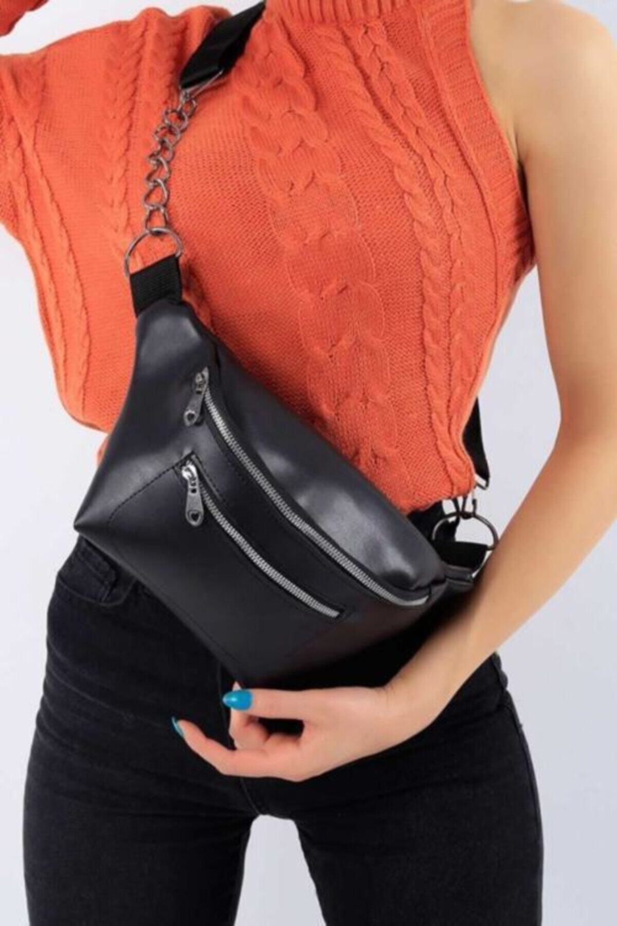 bnbutikk Unisex Siyah Çift Gözlü Bel Çantası