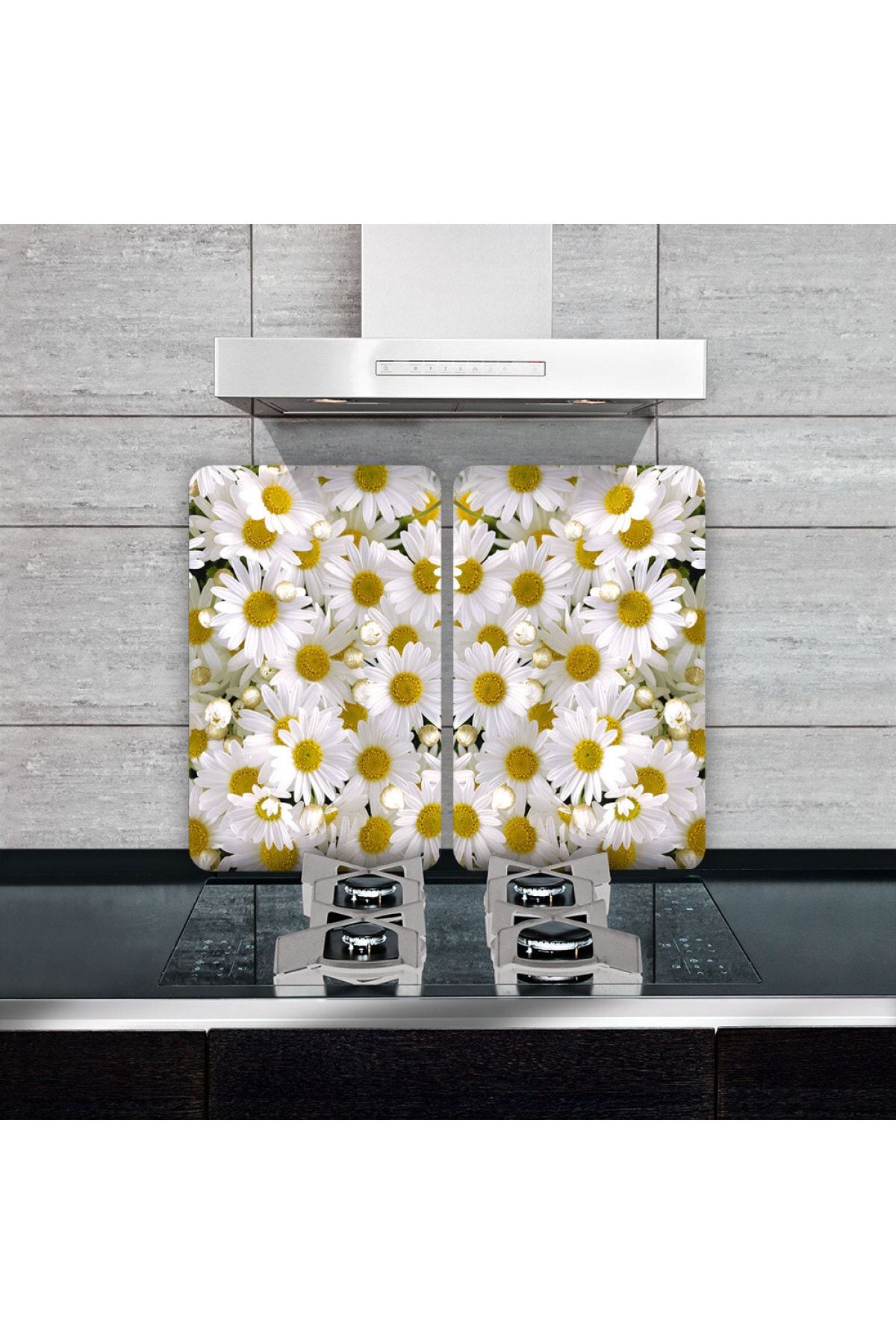 Saban Cam Ocak Koruyucu Ve Kesim Tablası Papatya Çiçeği (80cm X 52cm) 2 Parça, 5'li Ocaklar