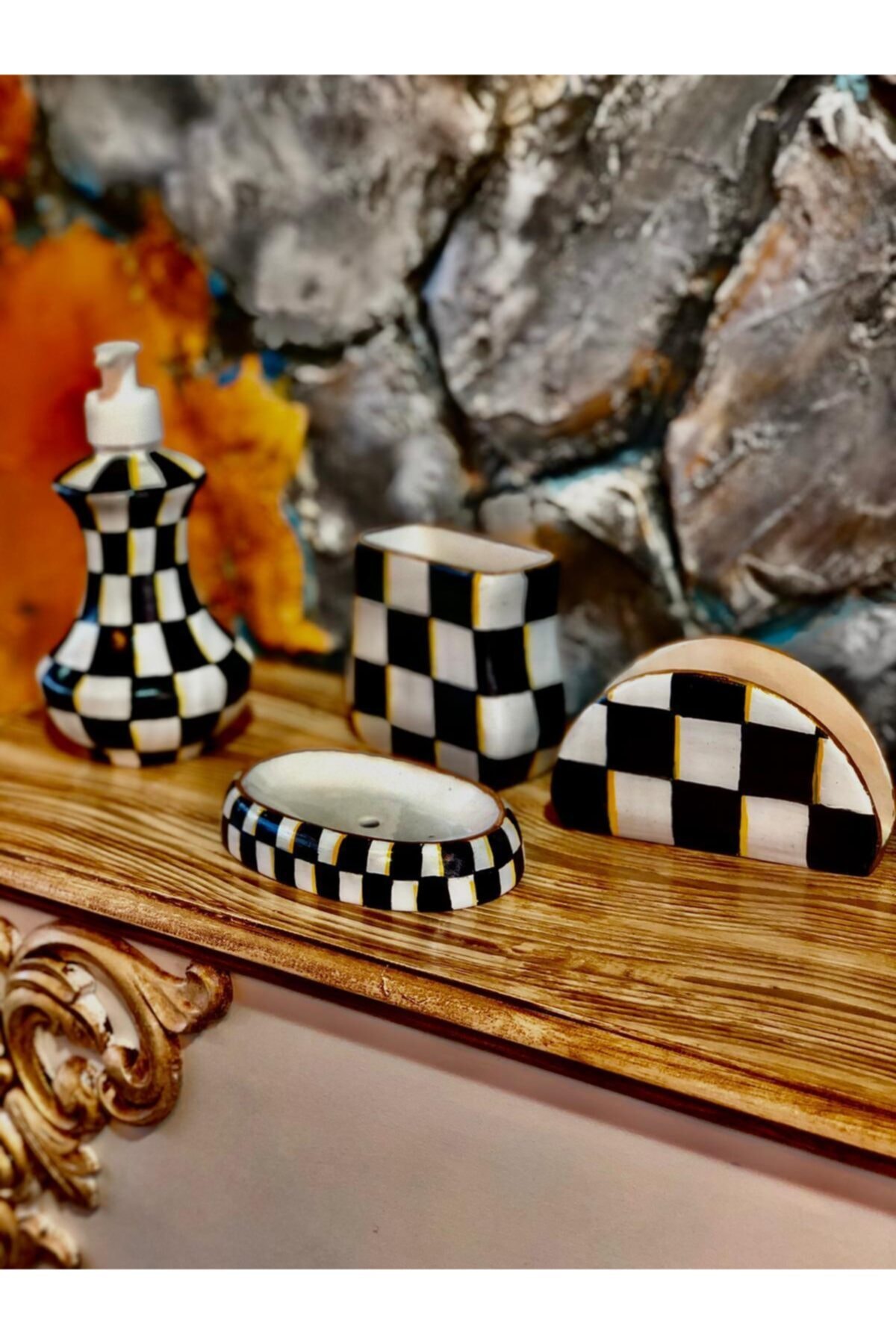 BOYA KÜPÜ HOME DESİNG 4'lü El Boyaması Damalı  Sabunluk Takımı