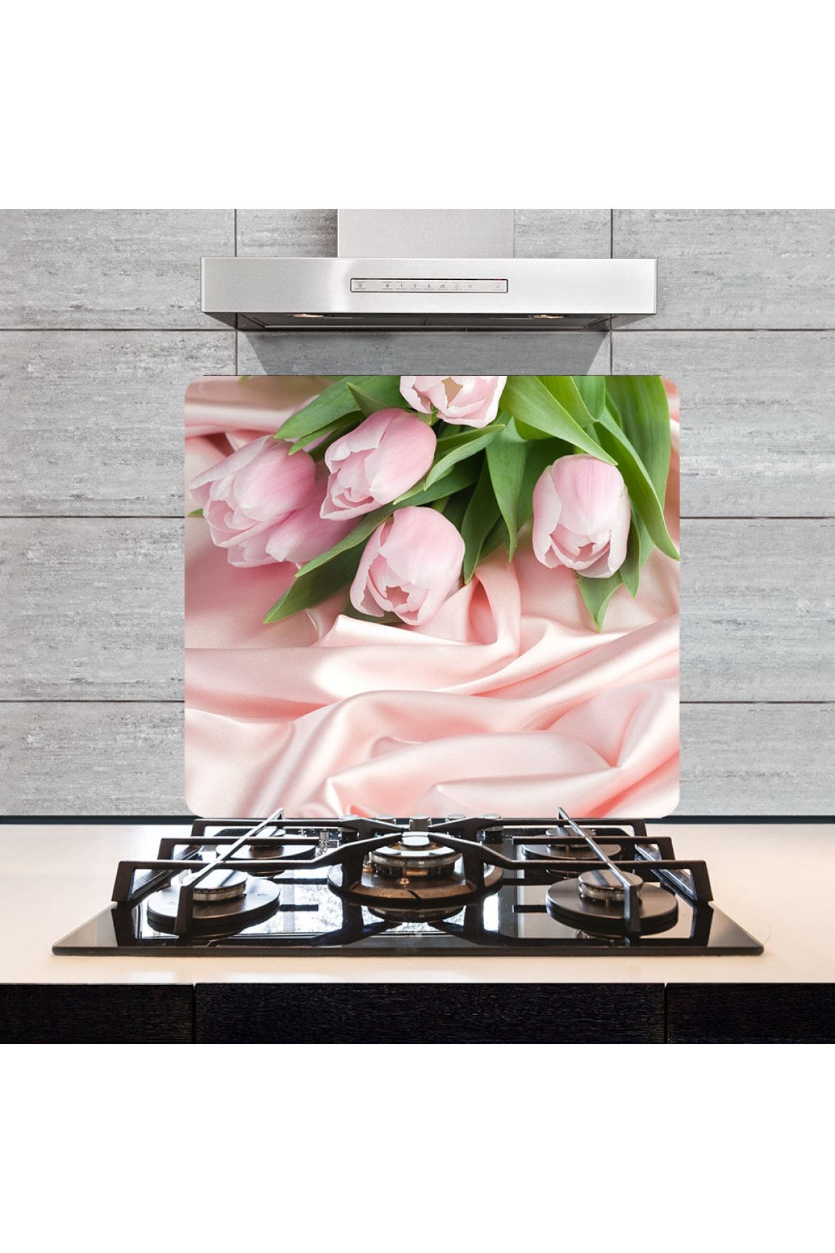 Saban Dekoratif Cam Ocak Arkası Koruyucu Ve Kesme Tahtası Pembe Güller (50cm X 56cm) Tek Parça