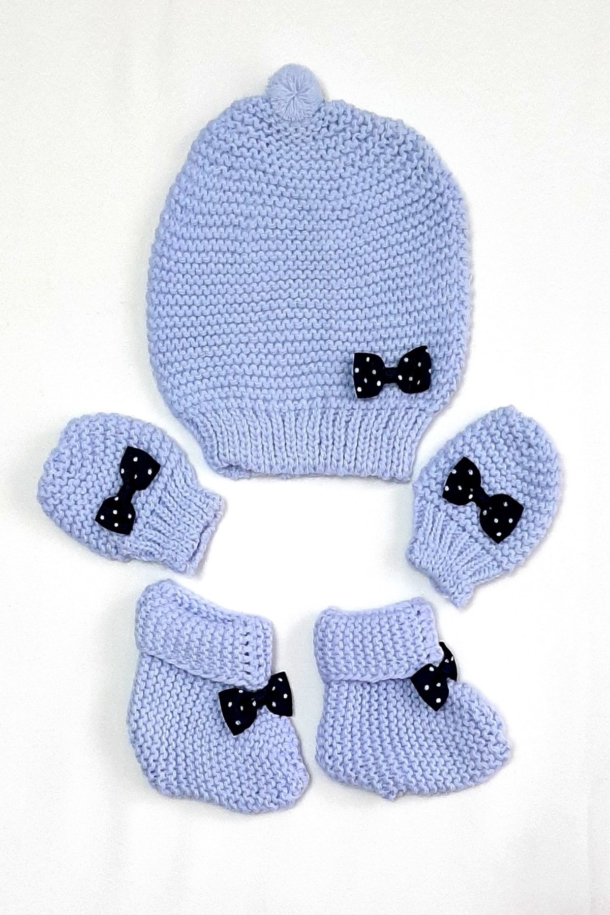 Yumurcak Baby Erkek çocuk Mavi Triko Bere Patik Eldiven Takımı - 0-1 Yaş