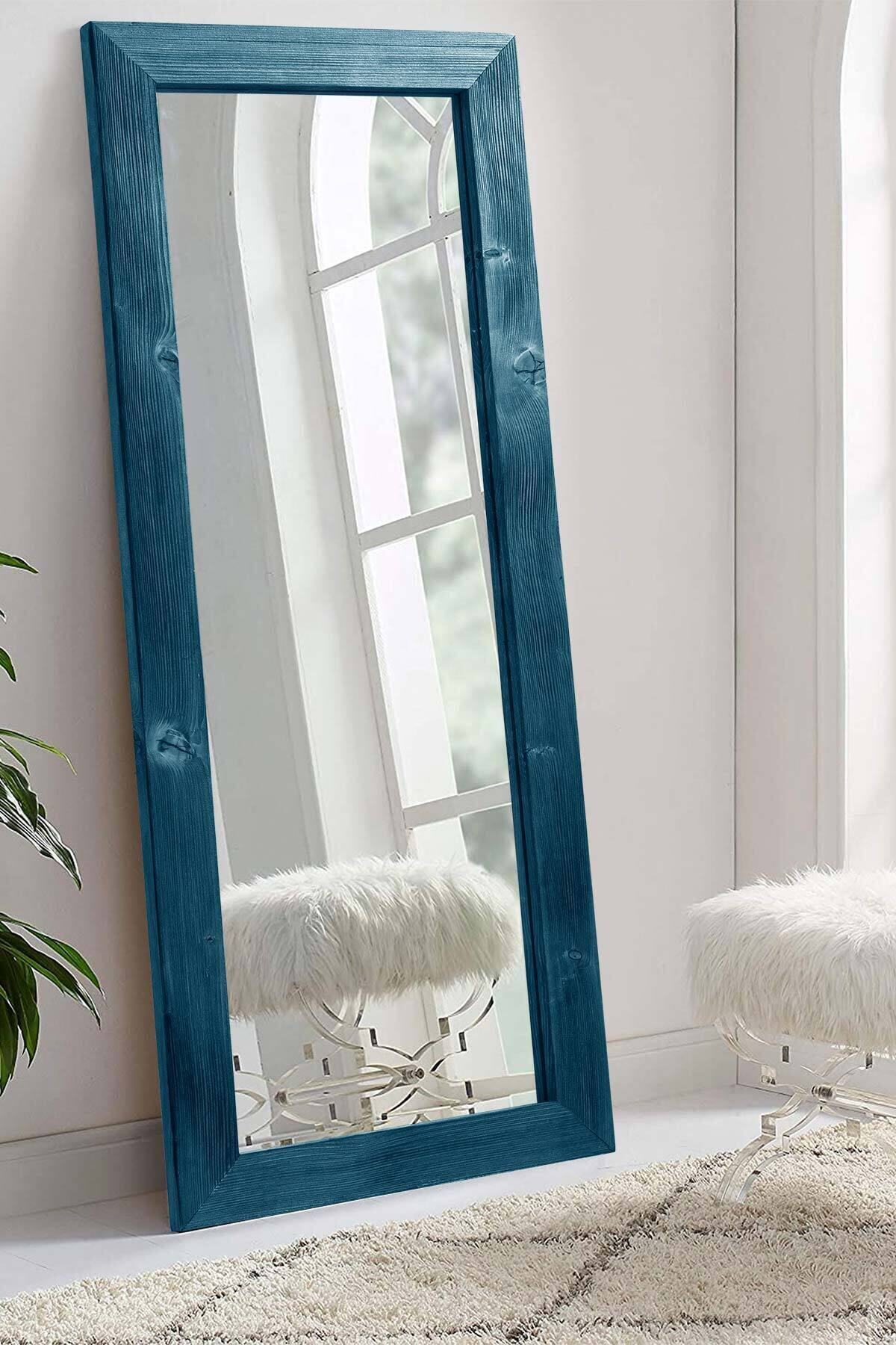 bluecape Doğal Ağaç Dikdörtgen Mavi Salon Ofis Mutfak Çocuk Odası Duvar Konsol Boy Aynası 58x148 Cm