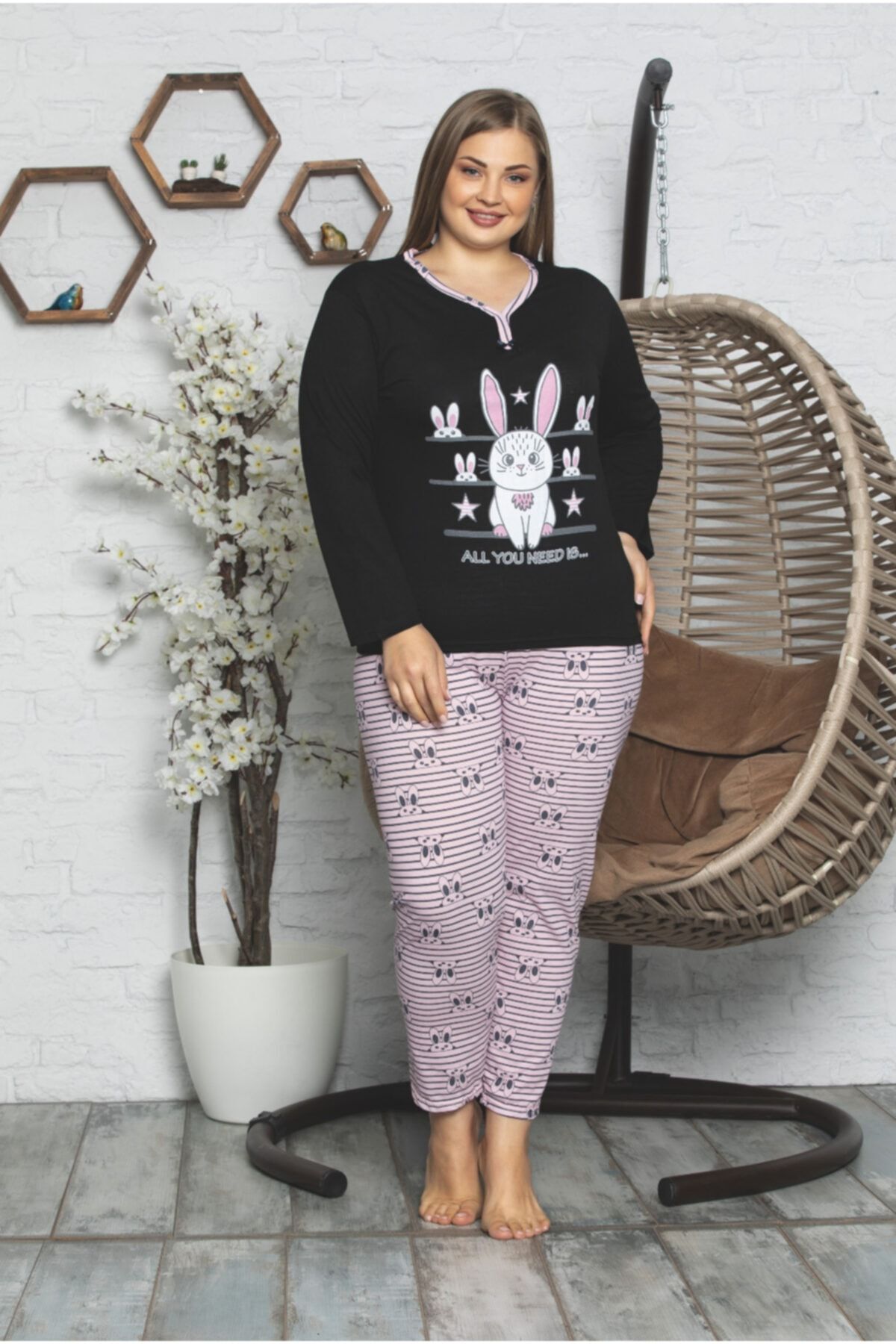 MISSIS PIJAMA Kadın Siyah Uzun Kol Büyük Beden Pijama Takımı