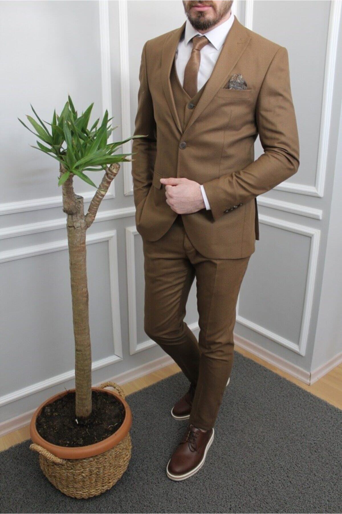 AGUSTİNİ Erkek Taba Yelekli Slim Fit Takım Elbise Ytk1003