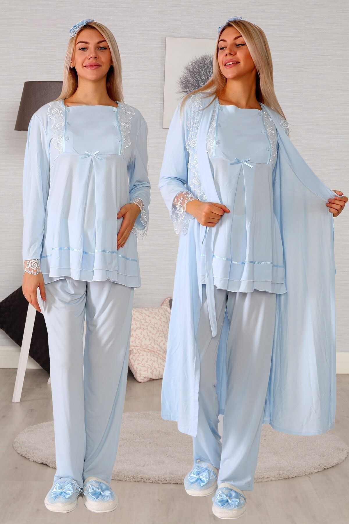 lohusahamile Kadın Mavi Kolay Emzirme Özellikli Sabahlıklı Lohusa Pijama Takımı 20124