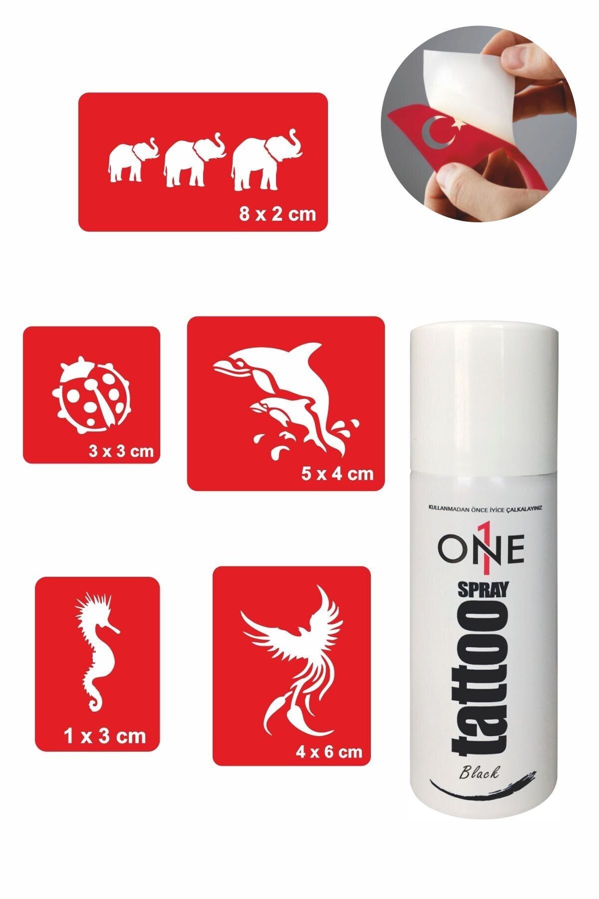 ONE SPRAY TATTOO Fil Anka Kuşu Dövmesi Geçici Dövme Seti Siyah Sprey Ve 5 Desen