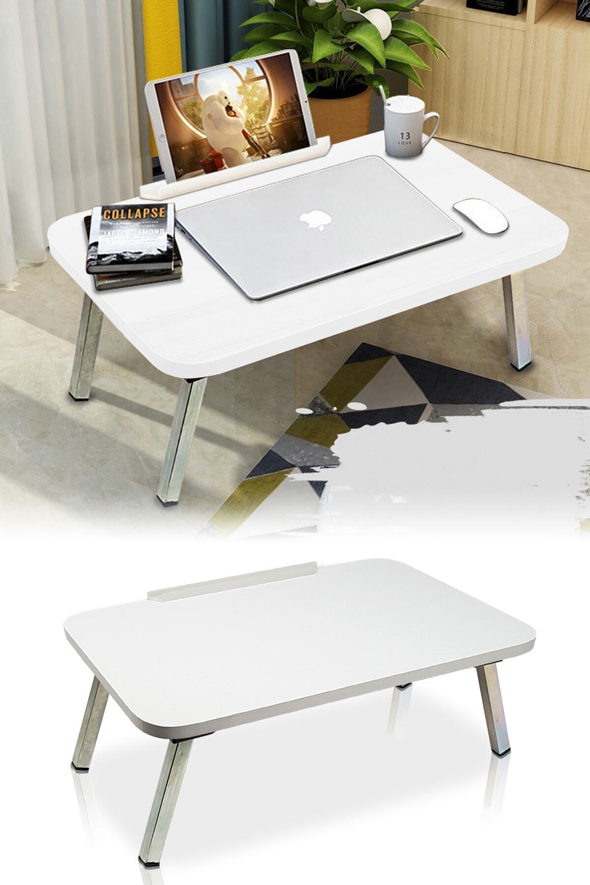 Binbirreyon Katlanır Laptop Masası Çalışma Masası Tablet Standlı Yatak Sehpası Beyaz 35x56cm Bb030ü