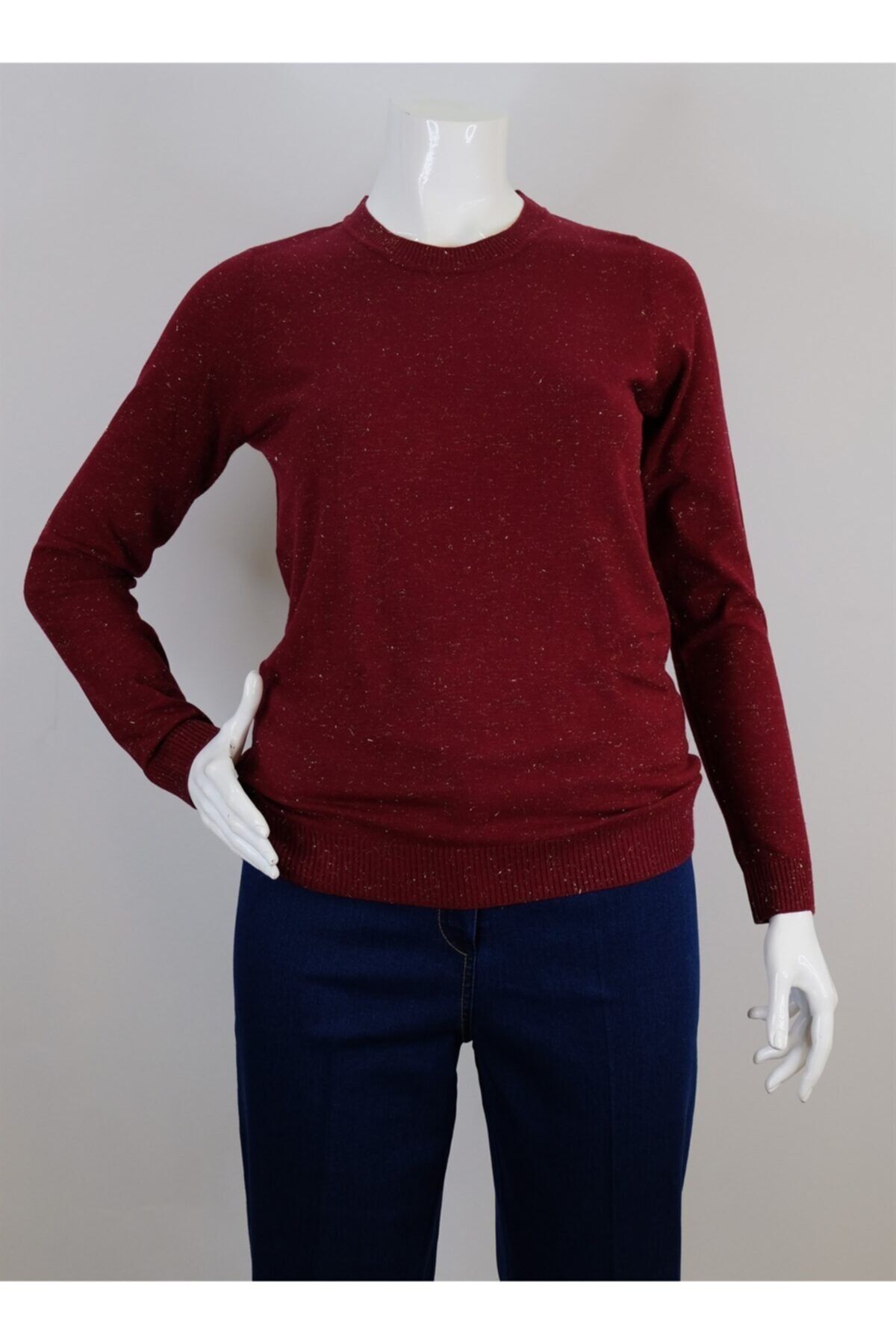 Desen 20367 Kadın Bordo Bluz Tilla Simli Basic Sıfır Yaka Kazak