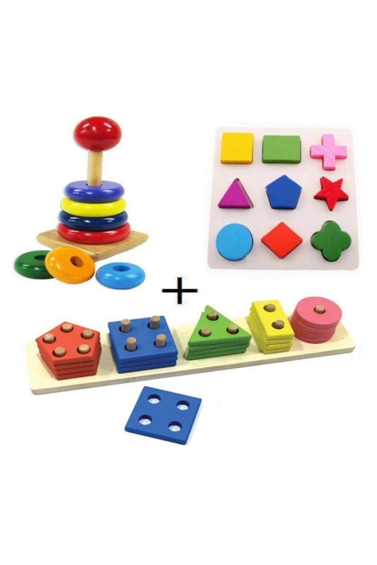 HAMAHA Wooden Toys Ahşap Eğitici Geometrik Geçmeli Şekiller + Ahşap Tahta Bultak + Ahşap Kule Oyunu