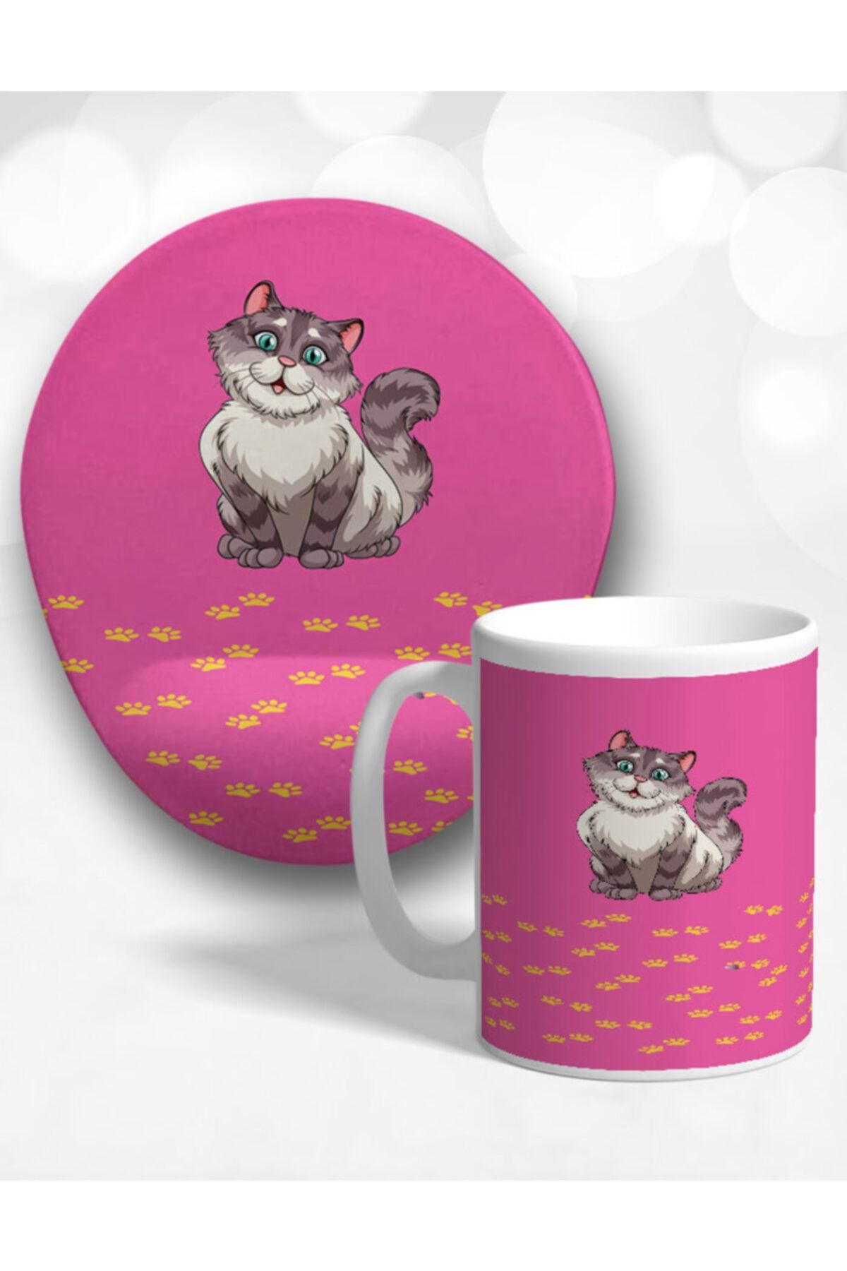 Onartem Happy Cat Oval Bilek Destekli Mouse Pad Ve Kupa Bardak Seti