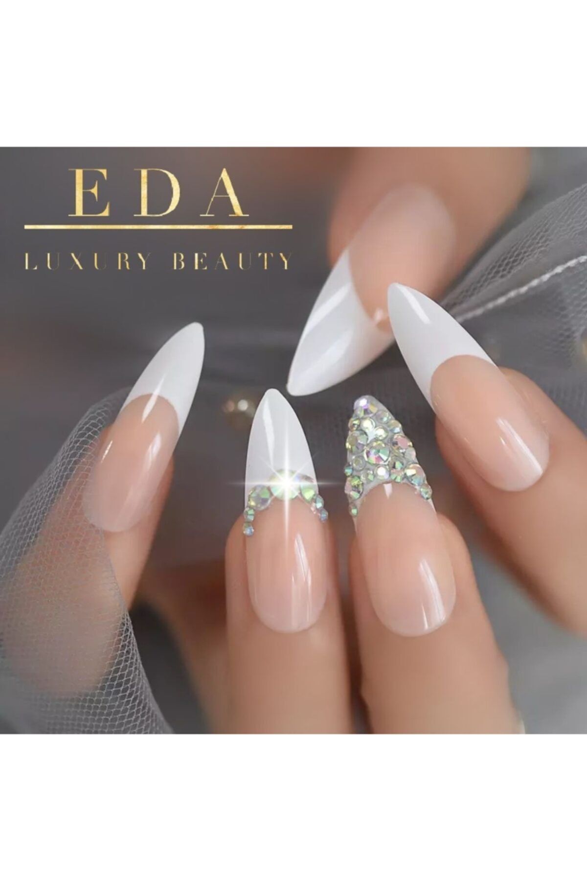 EDA LUXURY BEAUTY Pembe Beyaz French Takma Tırnak Lüks 3d Kristal Taşlı Desenli Uzun Sivri Uçlu Stiletto Nail Art Set