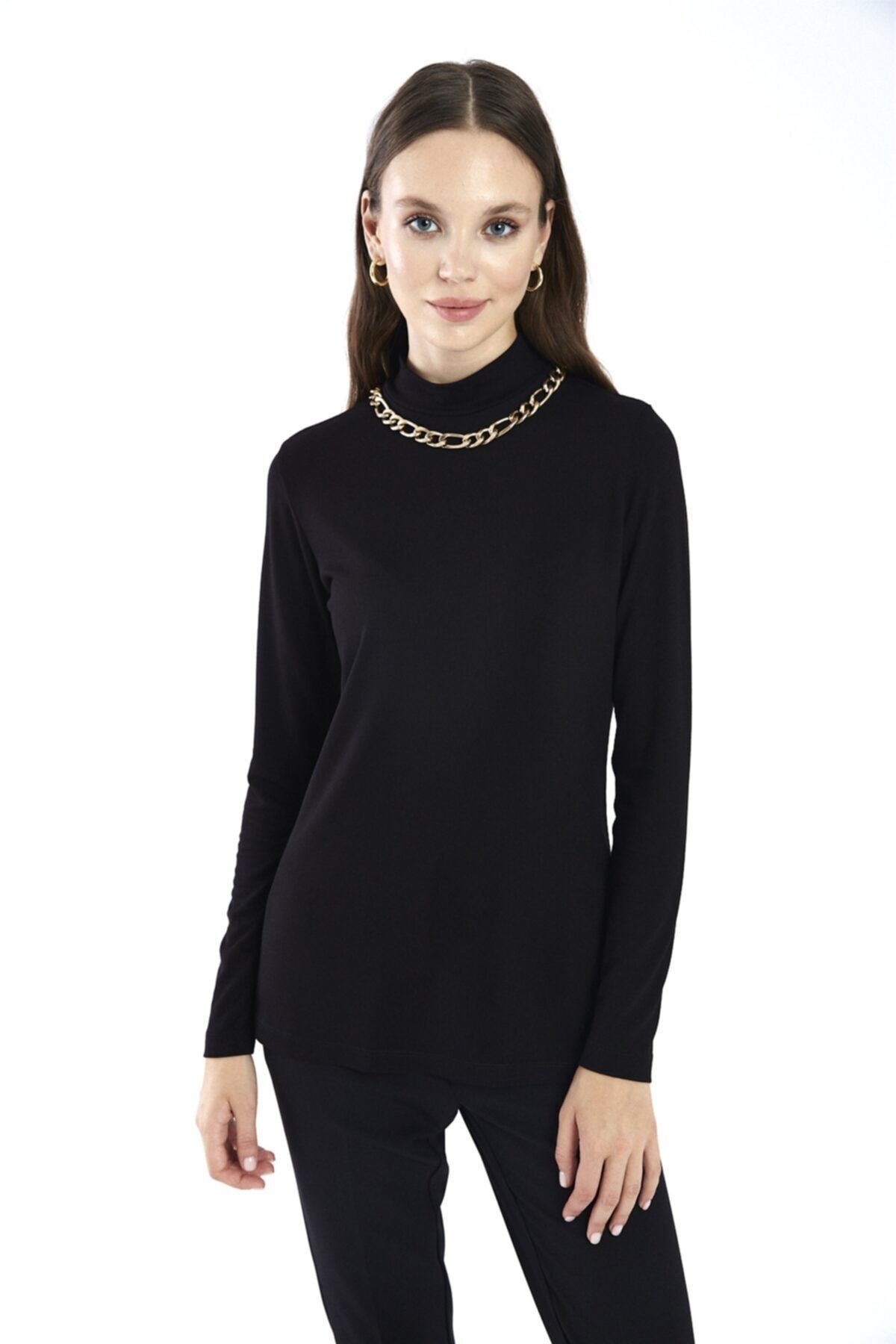 Zühre Yarım Balıkçı Yaka Siyah Basic Bluz B-0083