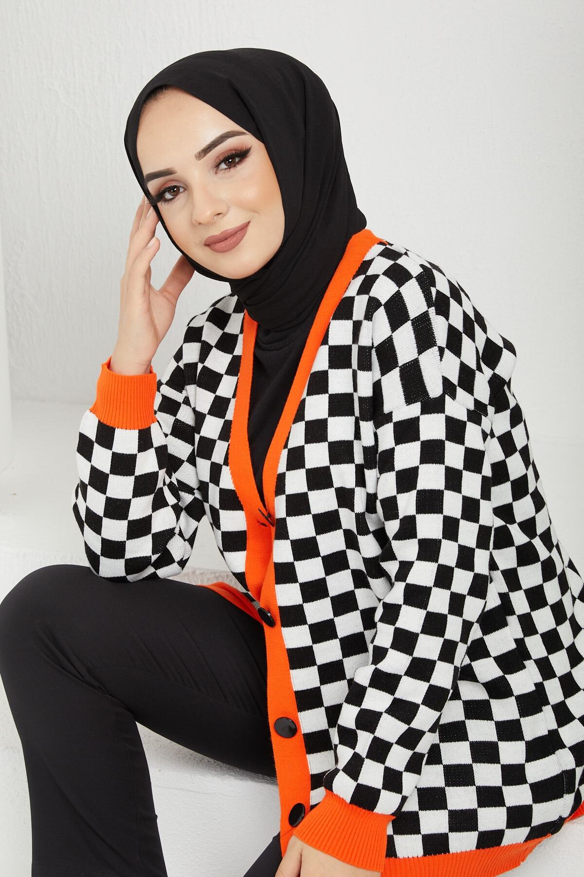 İmajButik Kare Desenli Triko Hırka/turuncu