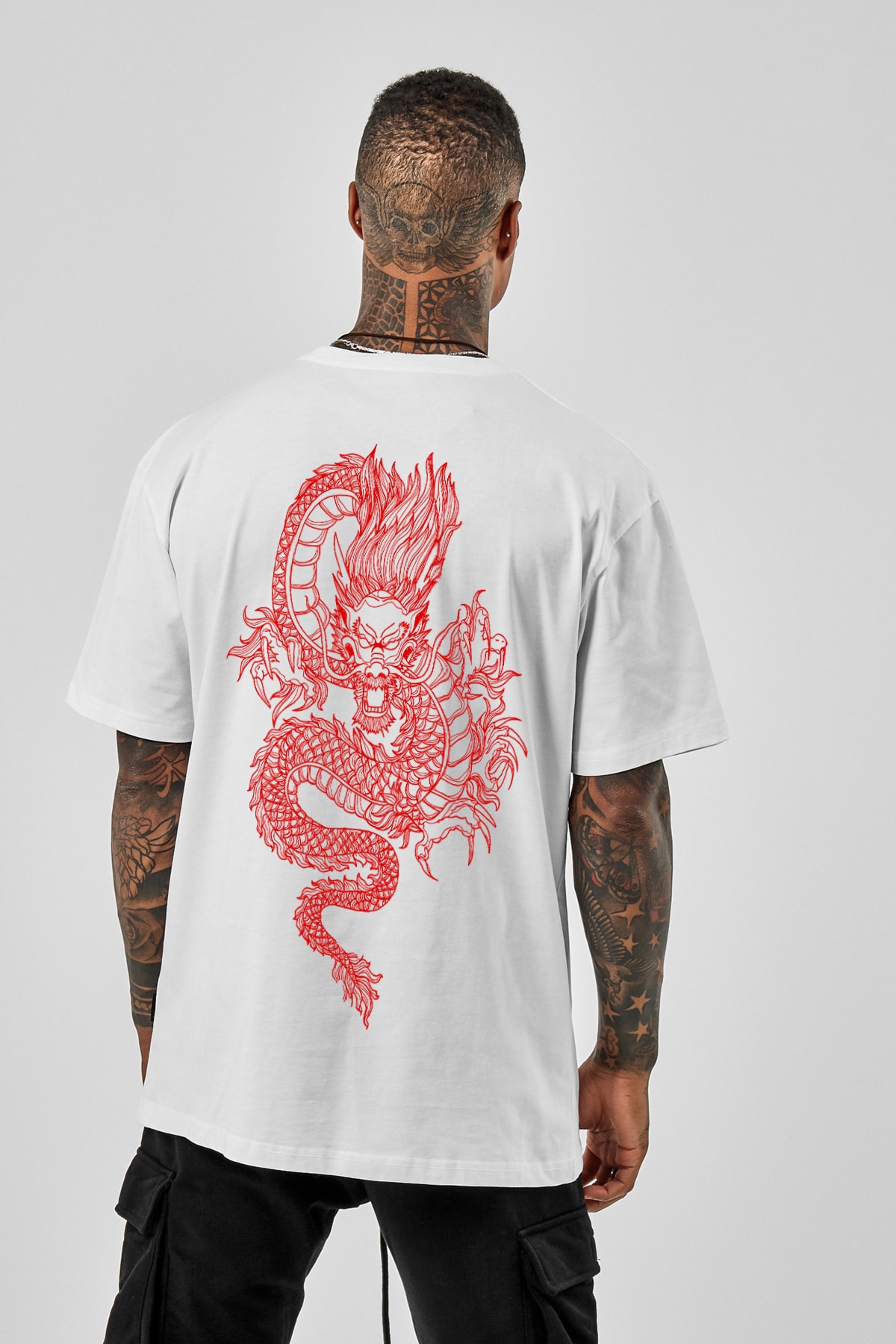 Pasage Oversize Dragon Baskılı Beyaz Tshirt