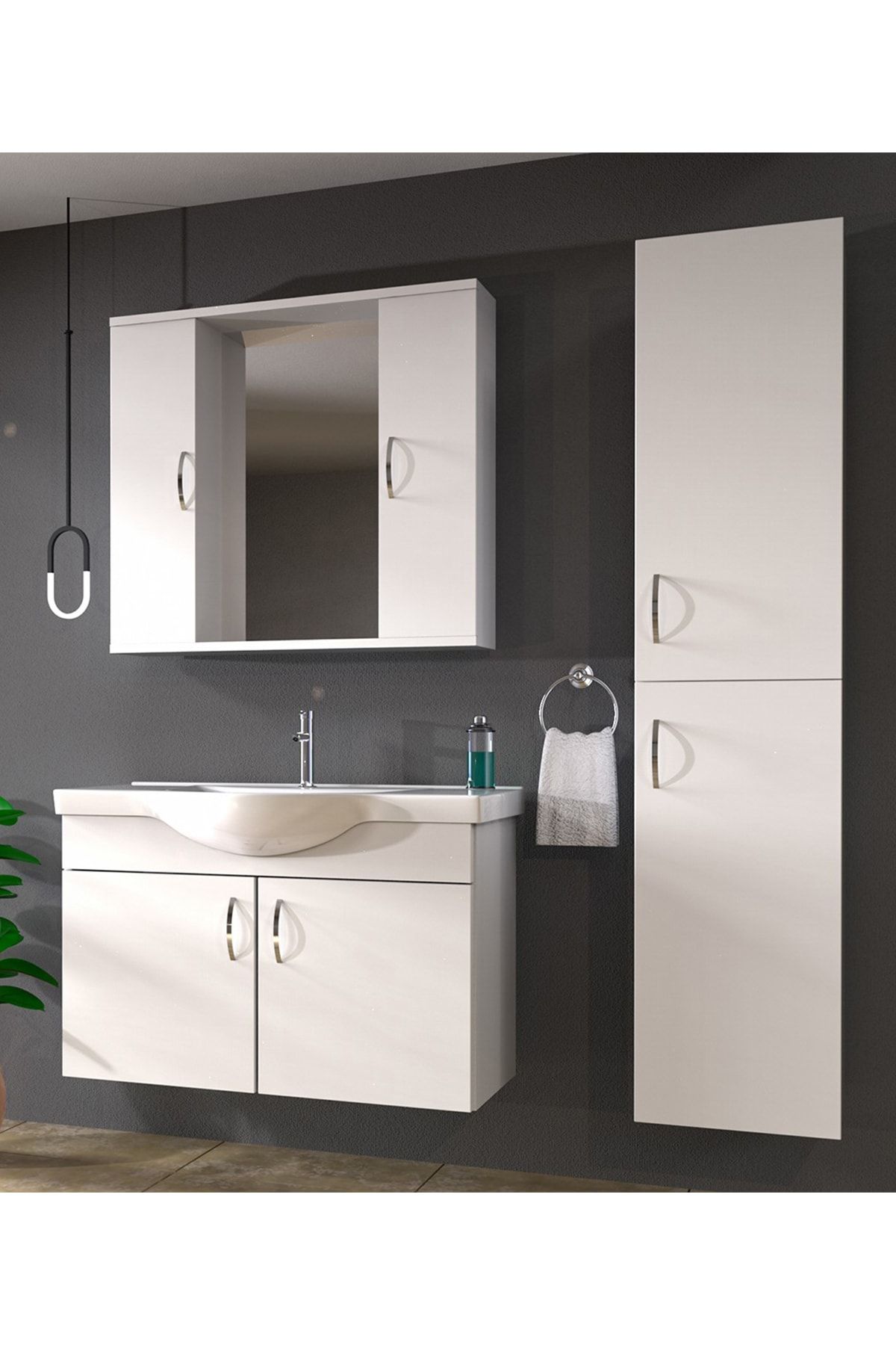banos Kt2 Ayaksız 2 Kapaklı Lavabolu Beyaz Mdf 80 Cm Banyo Dolabı Aynalı Üst Dolap Boy Dolabı