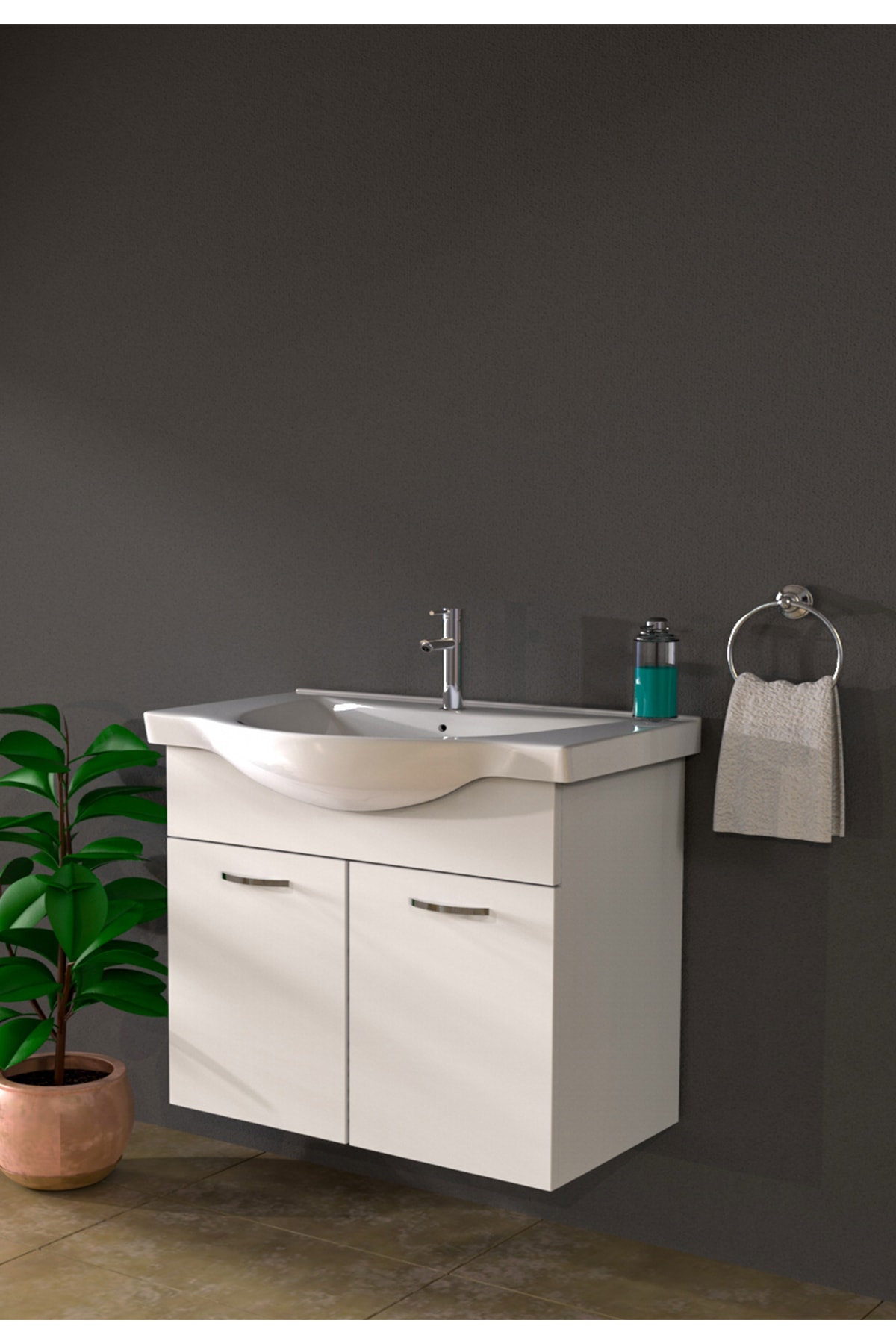 banos Ld2 Ayaksız 2 Kapaklı Lavabolu Beyaz Mdf 65 Cm Banyo Dolabı
