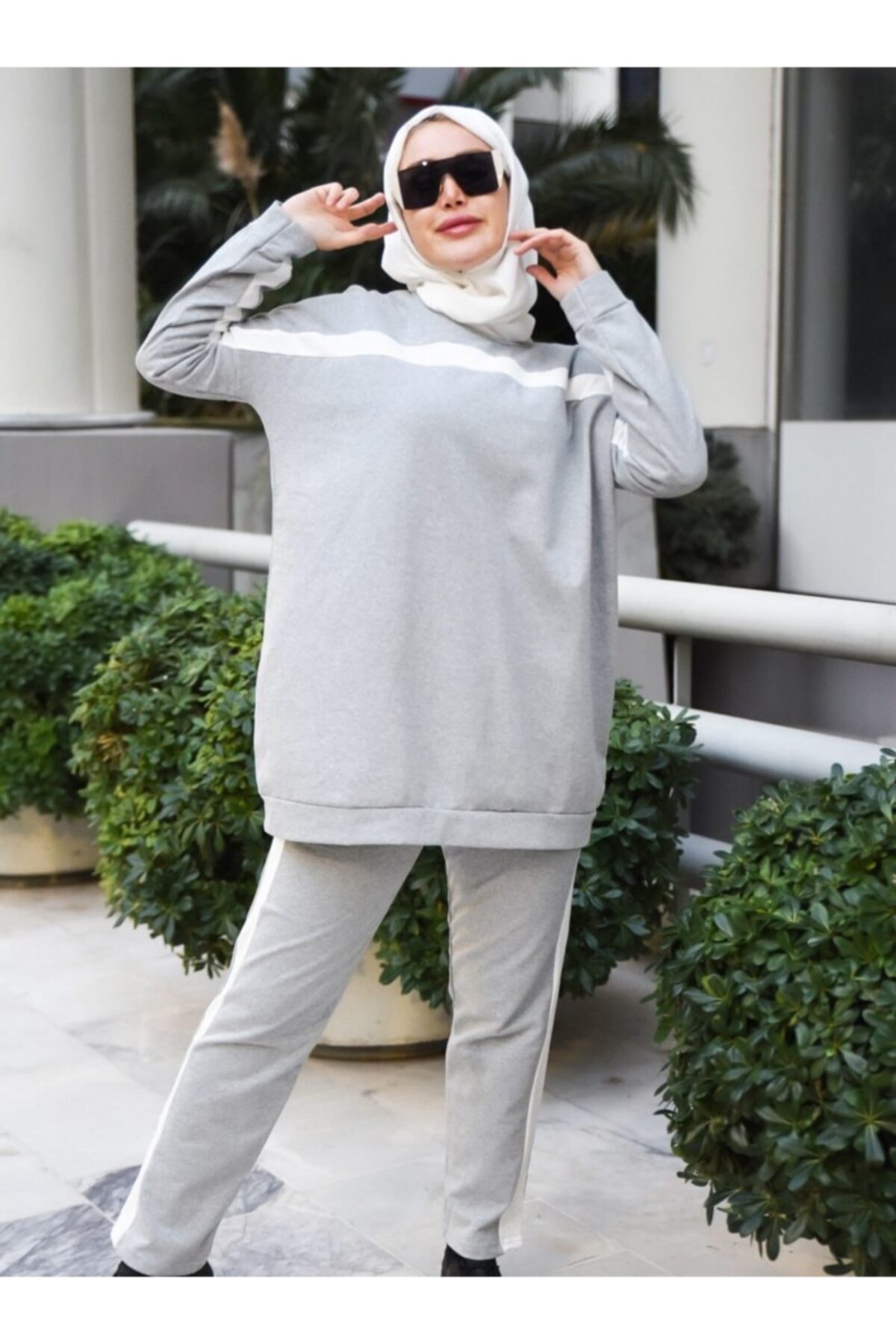 Por La Cara Kadın Gri Biyeli Tunik Pantolon Ikili Takım