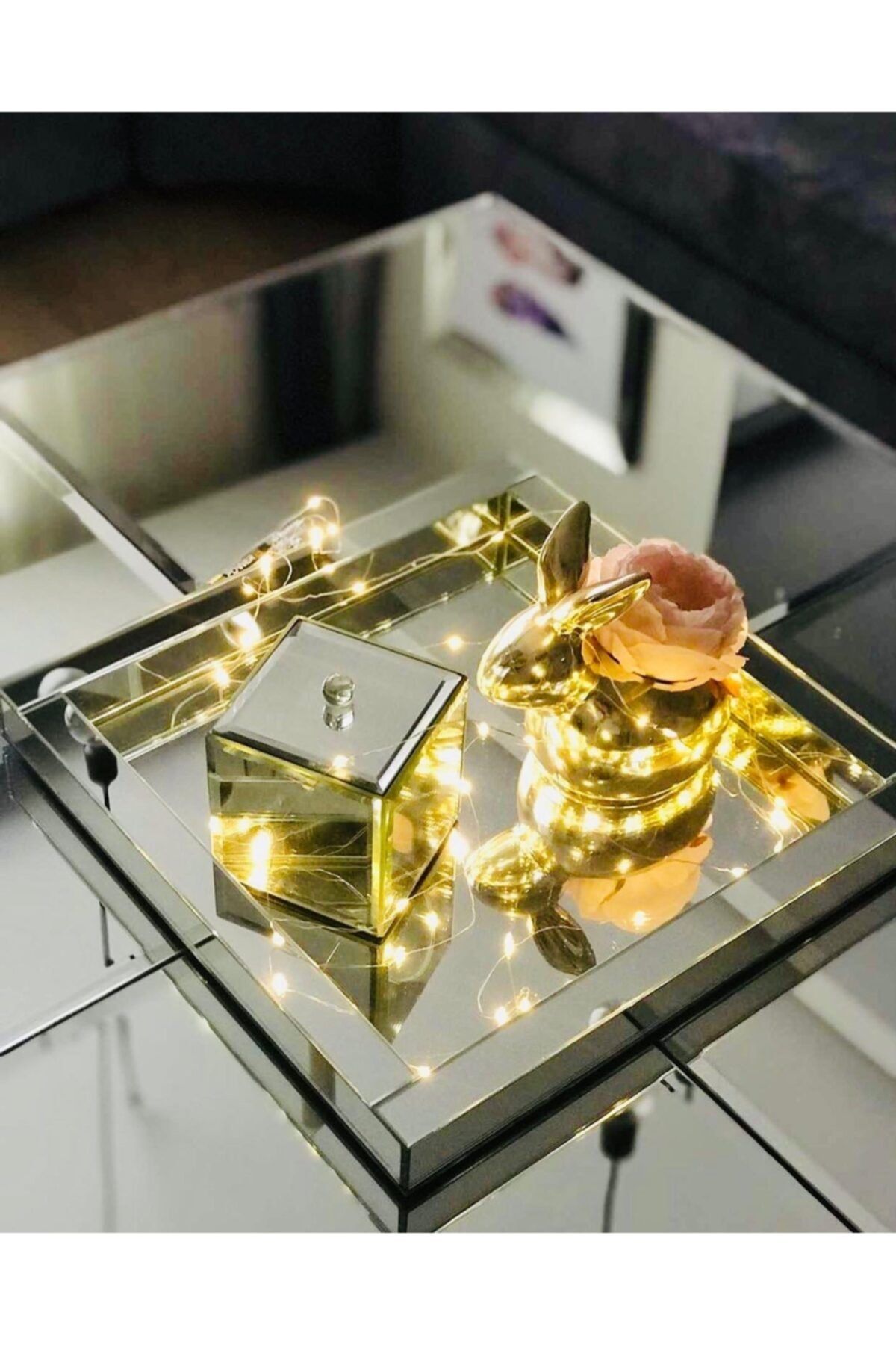 Kübra Özdemir Store Ayna Tepsi Kare Gümüş Ayna Dekorlu Tepsi