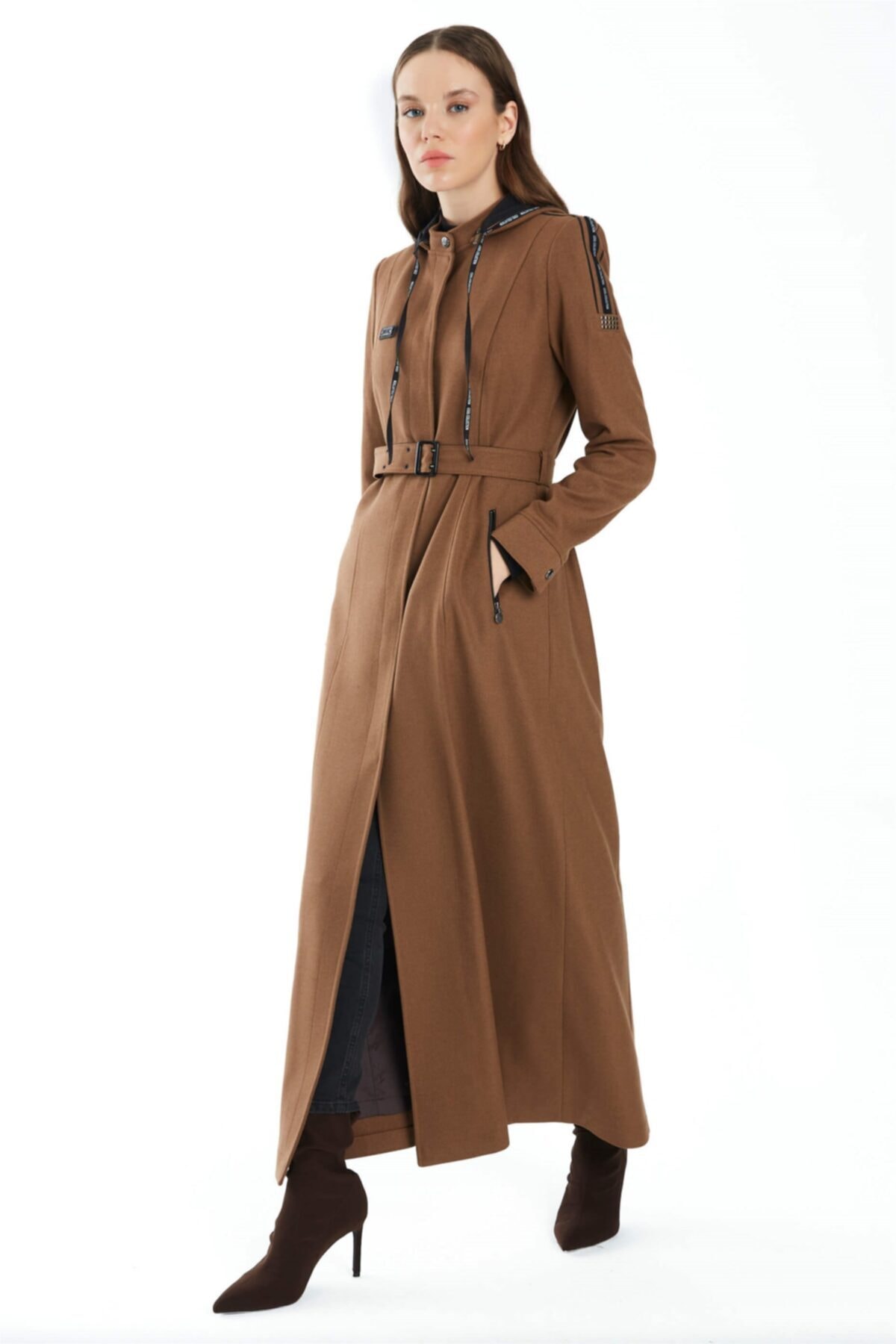 Zühre Yazı Şeritli Bağcık Ve Kapşonlu Pardesü Taba 10492