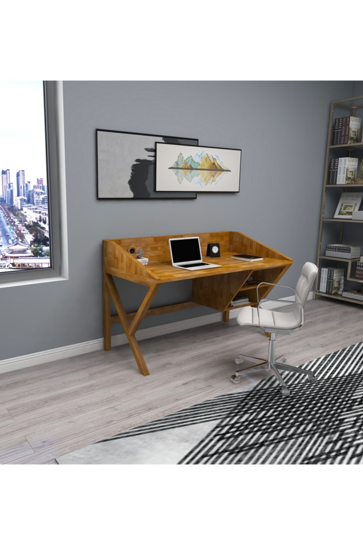 WOODFACE Snow Çalışma Masası 120x60 Doğal Ahşap 2 Gözlü Özel Tasarım Uyumlu Görünüm