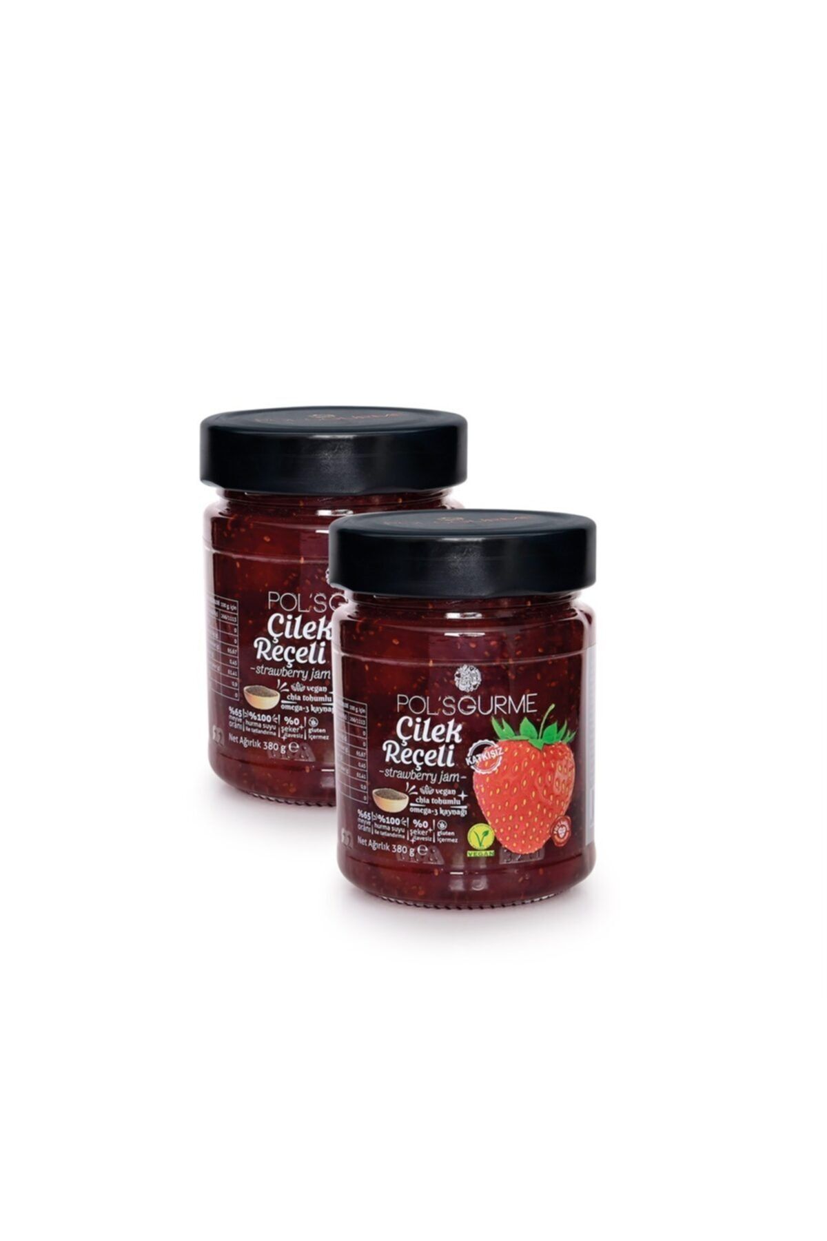 Pol's Gurme Çilek Reçeli Şeker Ilavesiz, Chia Tohumlu, %65 Meyve Oranlı 380 Gr Ikili Paket