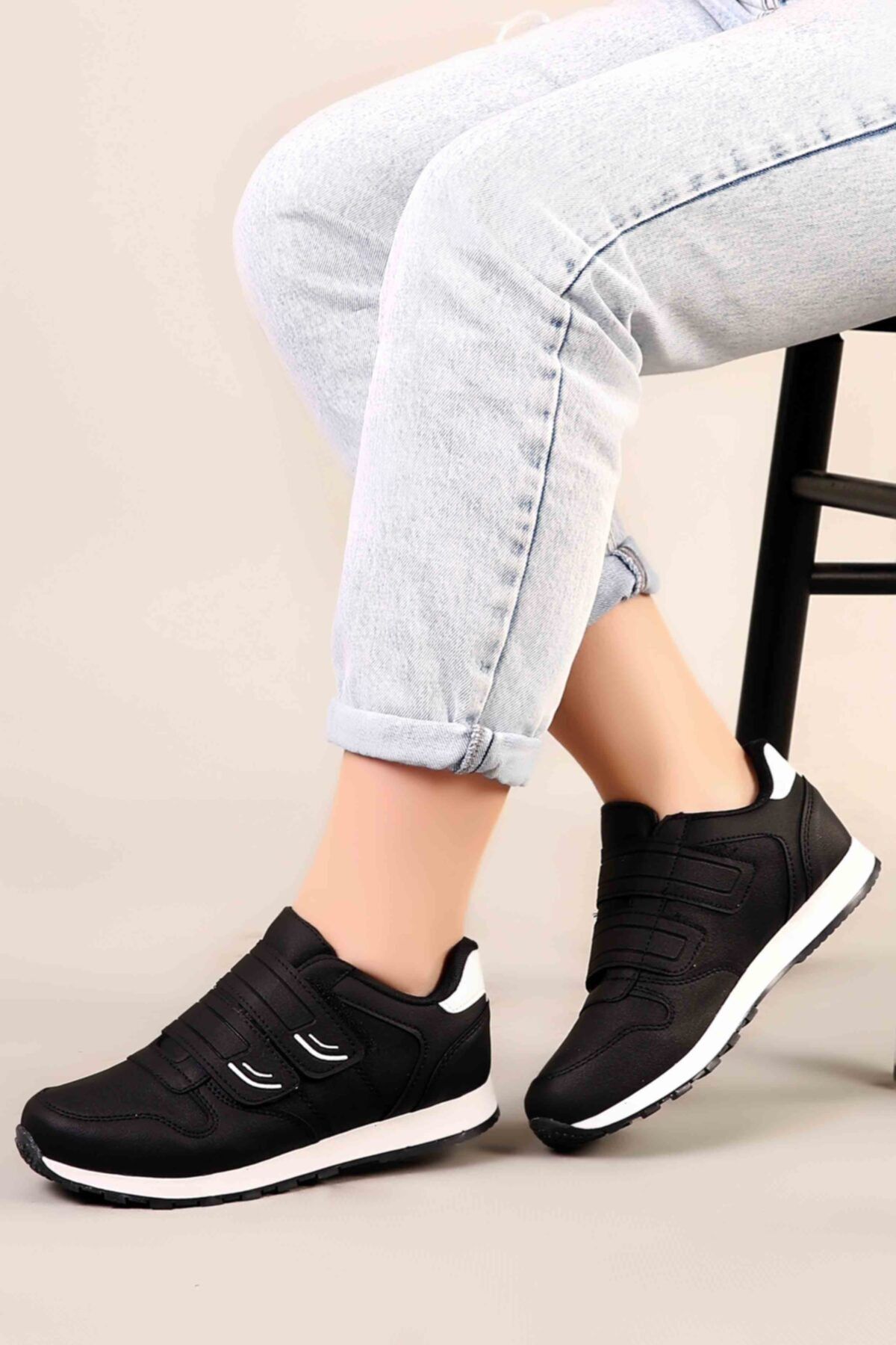 AYNShoes Unisex Siyah-beyaz Renk Çift Bantlı Spor Ayakkabı