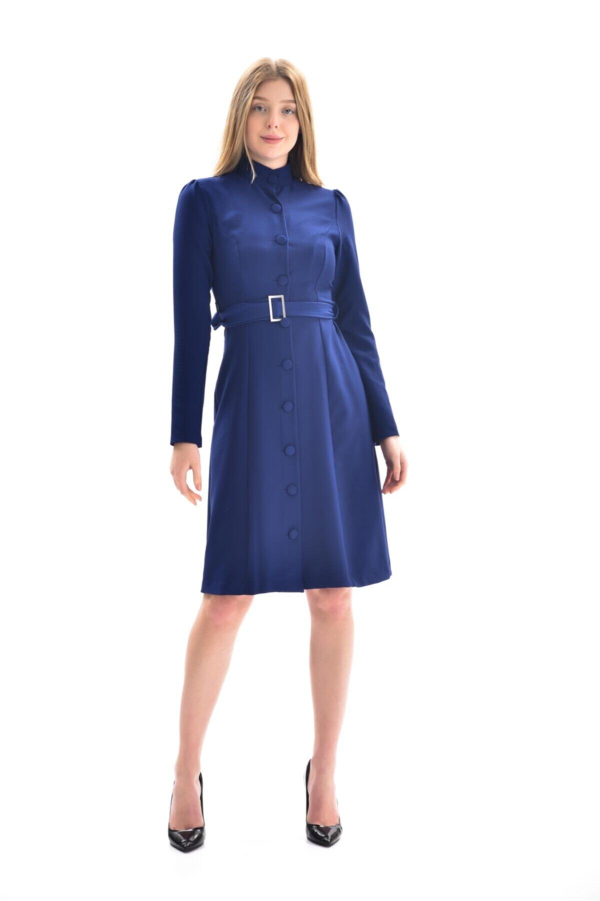Fashion Light Lacivert Hakim Yaka Kemer Detaylı Elbise Fl0200