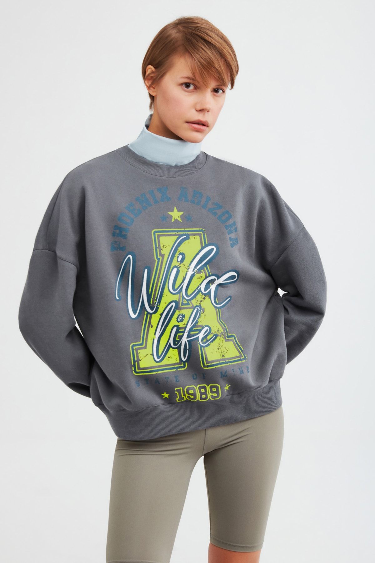 GRIMELANGE Maj Kadın Antrasıt Baskılı Bisiklet Yaka Sweatshirt