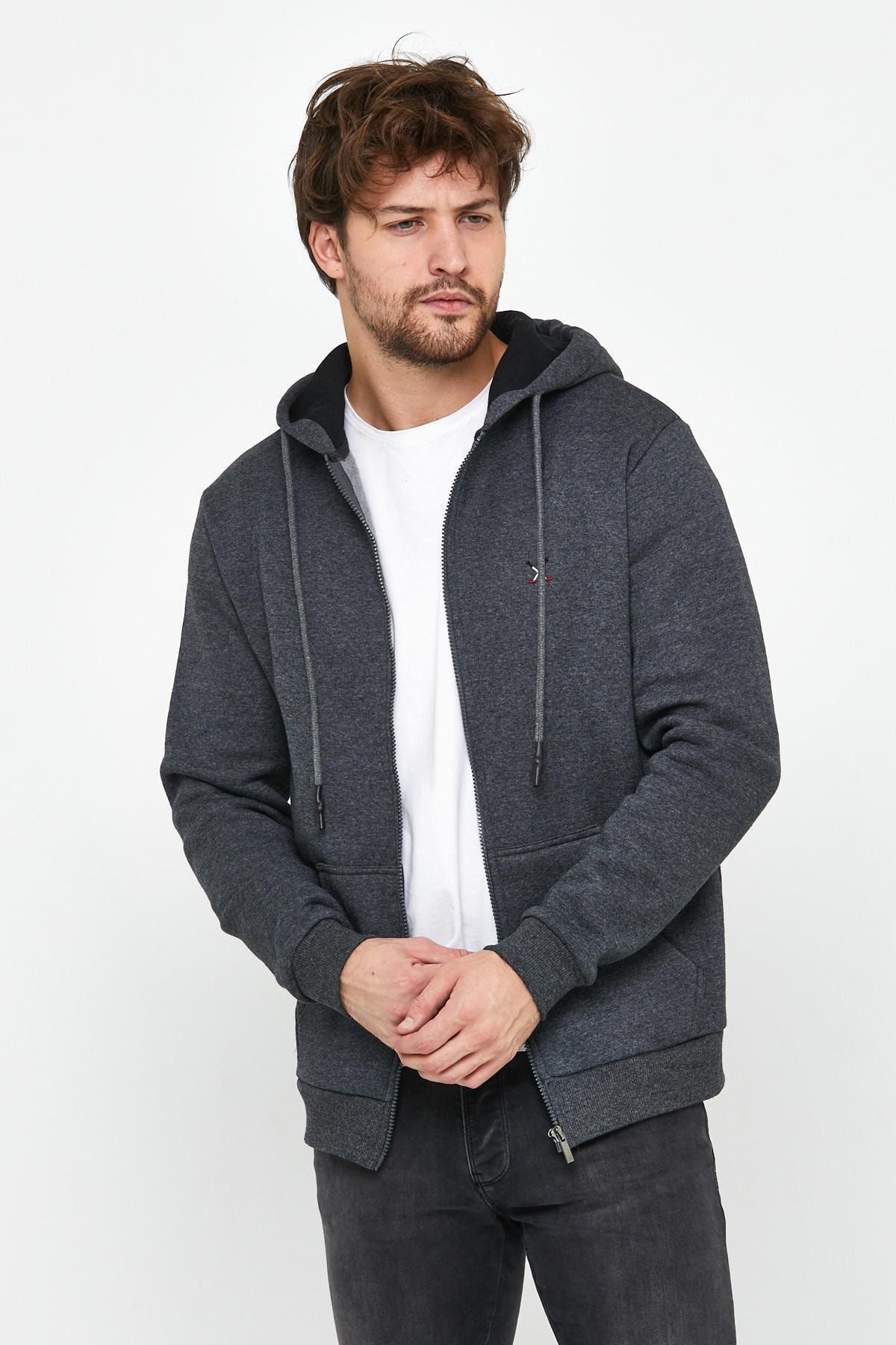 Polo State Erkek Fermuarlı Kanguru Cep 3 Iplik Sweatshirt Antrasit