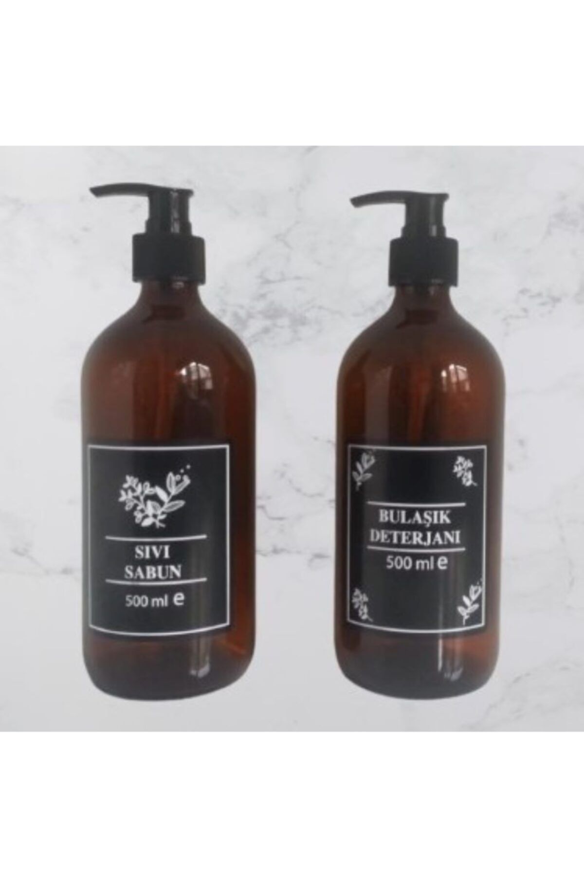 5DM Sıvı Sabun Ve Bulaşık Deterjanı Şişe Seti Kehribar (amber) Renk Büyük Boy - 2 Li Set 500 Ml+500 Ml