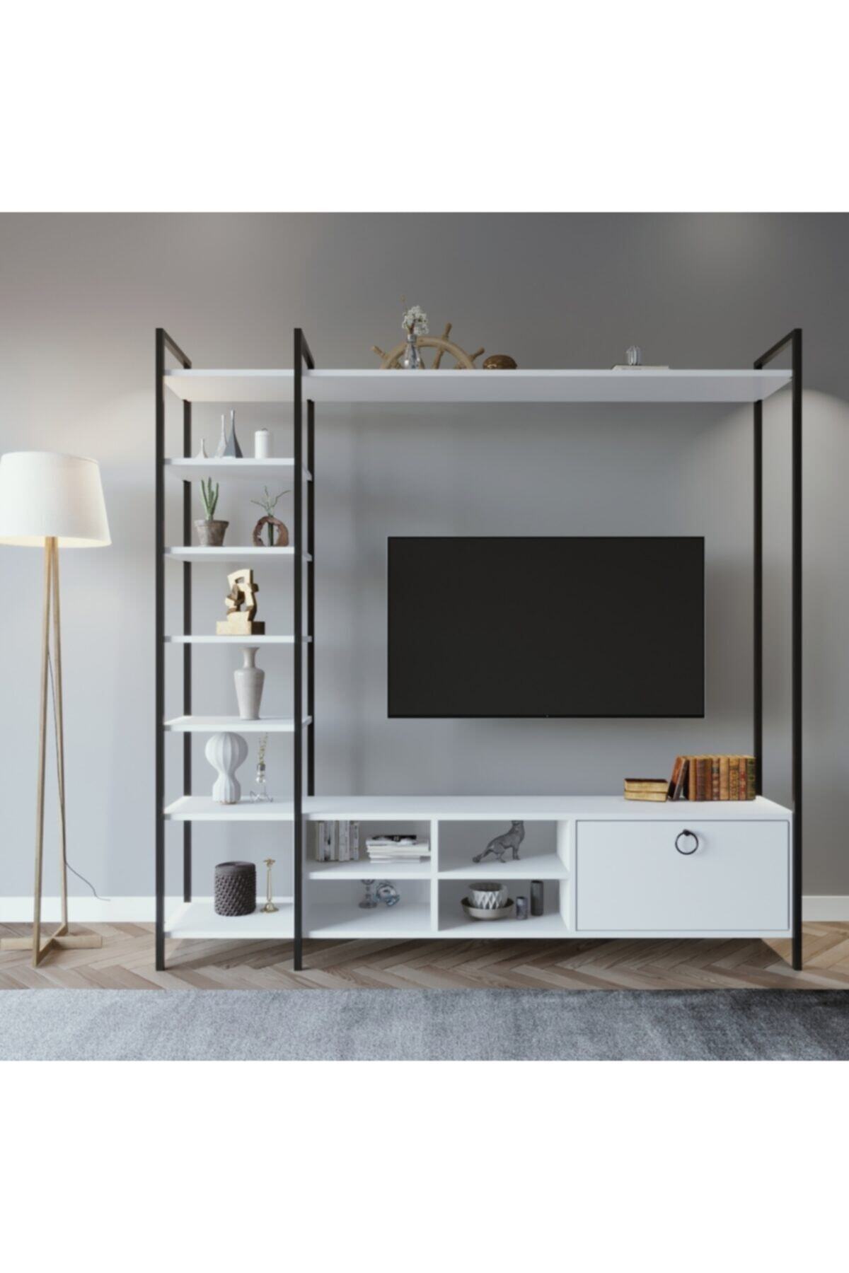 Ena Butik Mat Siyah Demirli Tv Ünitesi Beyaz 180*180*35