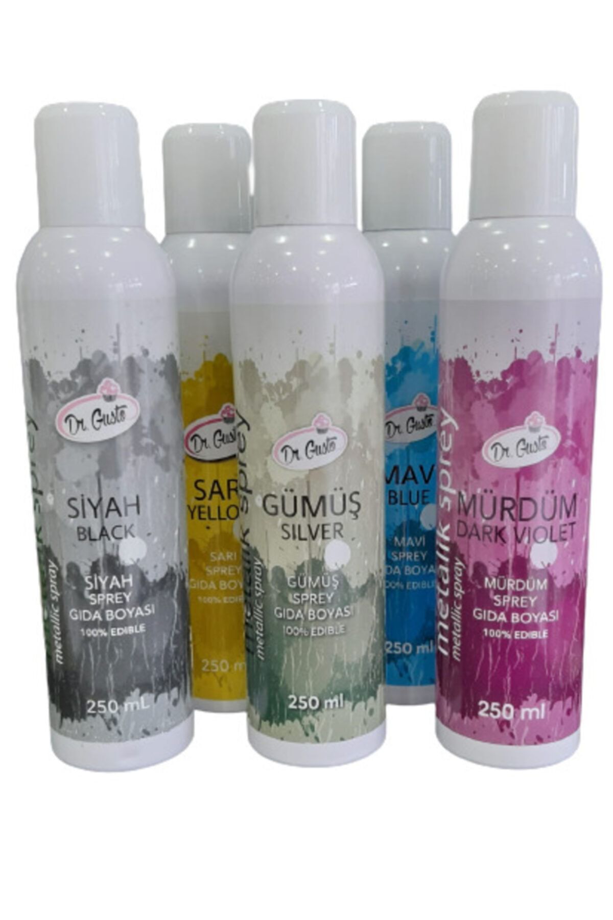 Dr. Gusto Dr Gusto 5 Li Set Siyah/sarı/gümüş/mürdüm/mavi Yenilebilir Sprey Boya 250ml