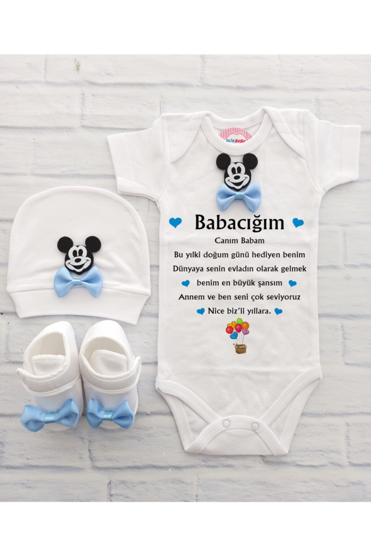 Elis Bebe Babacığım Doğum Günü Yazılı Zıbın Takımı Bebek Çıtçıtlı Badi