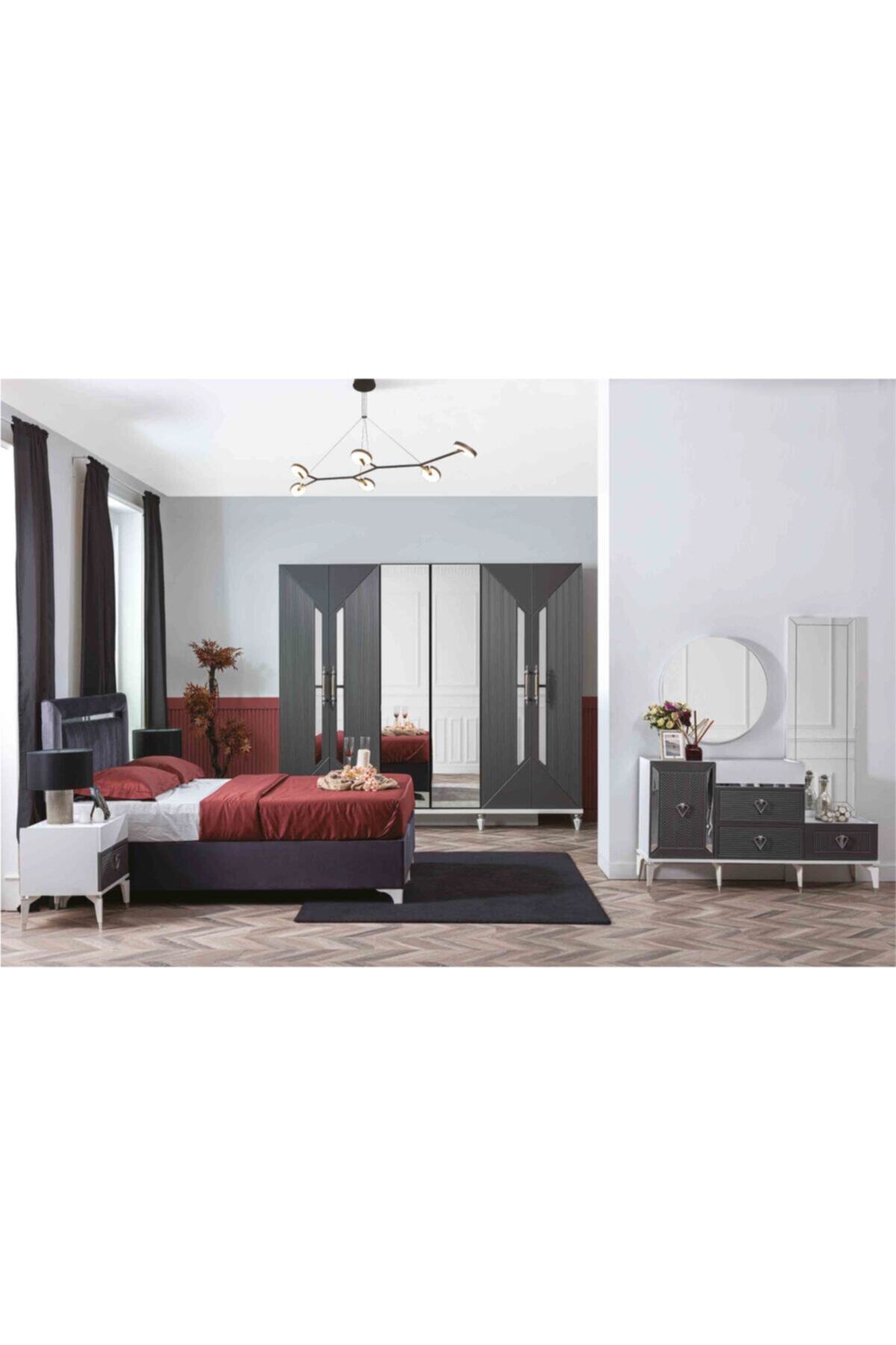 YuyaMobilya Gri-beyaz Renk Membran Kapaklı - Aynalı Retro Model %100 Mdf Toplam 7 Parça Yatak Odası Takımı
