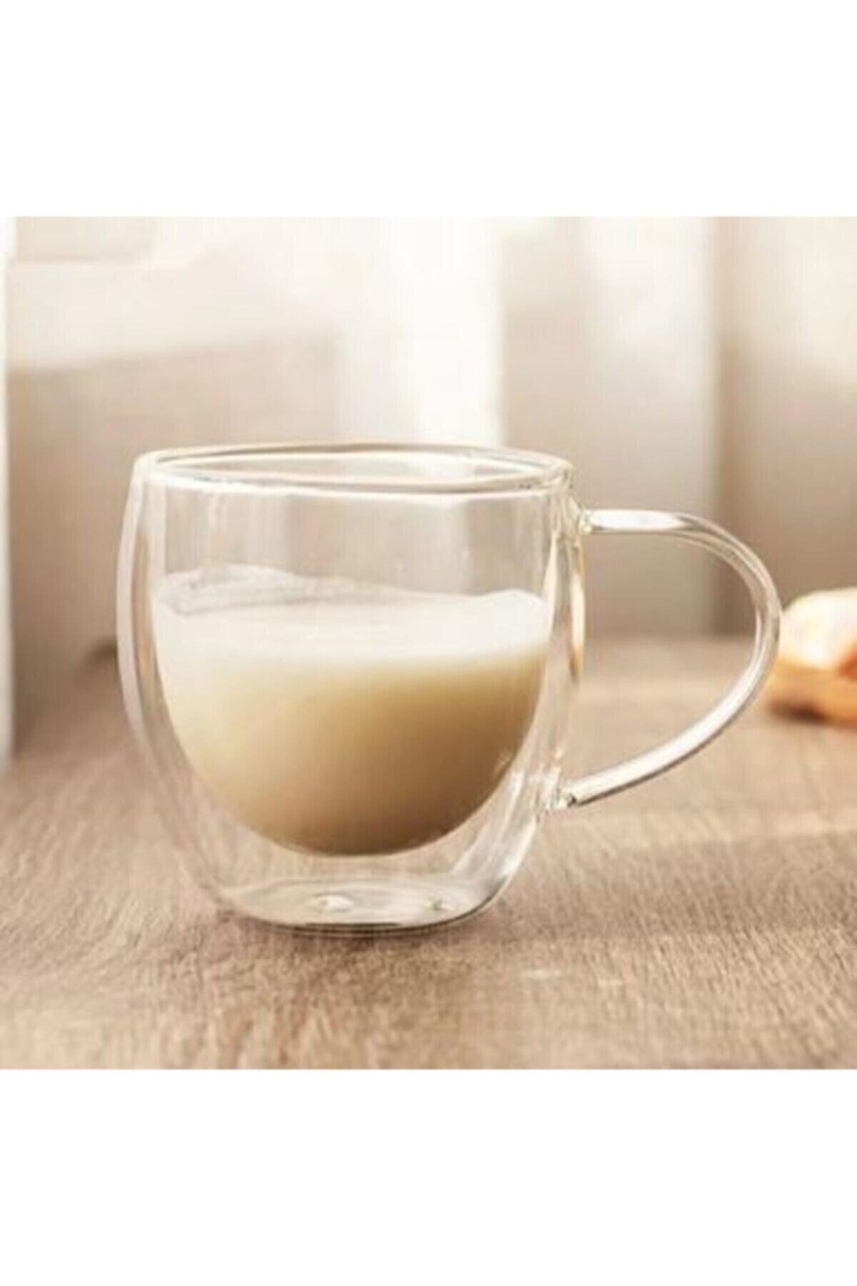 Cagla Homes Çift Camlı Bardak Çift Cidarlı Kupa Fincan 250ml Bls-1002 Çift Katmanlı Kulplu Cam Bardak