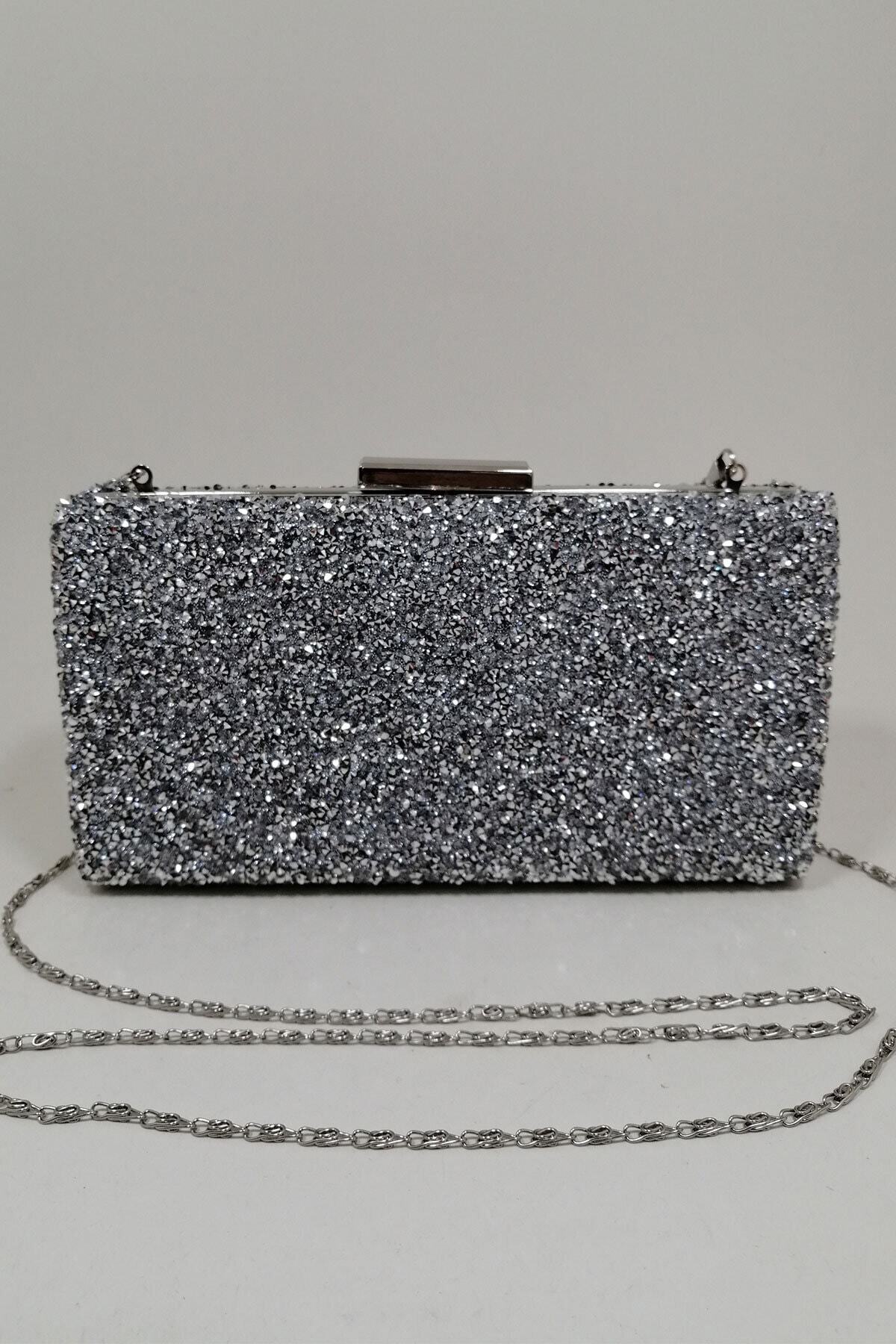 PARKTAN Gece Gümüş Kadın Taşlı Abiye Clutch Portföy Çanta
