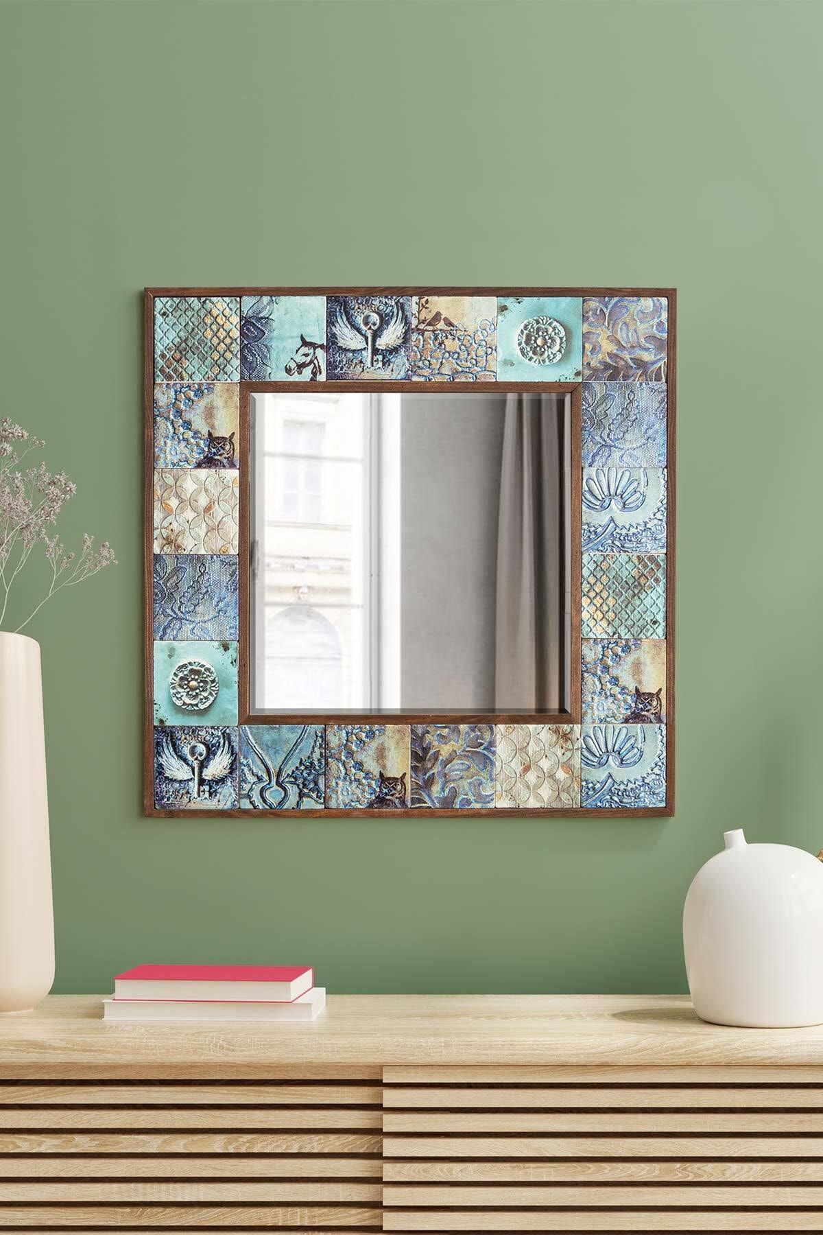 bluecape Liverpool Doğal Ağaç 62x62 Cm Çerçeveli Antik Limra Taş Kaplı Salon Duvar Konsol Ofis Boy Aynası