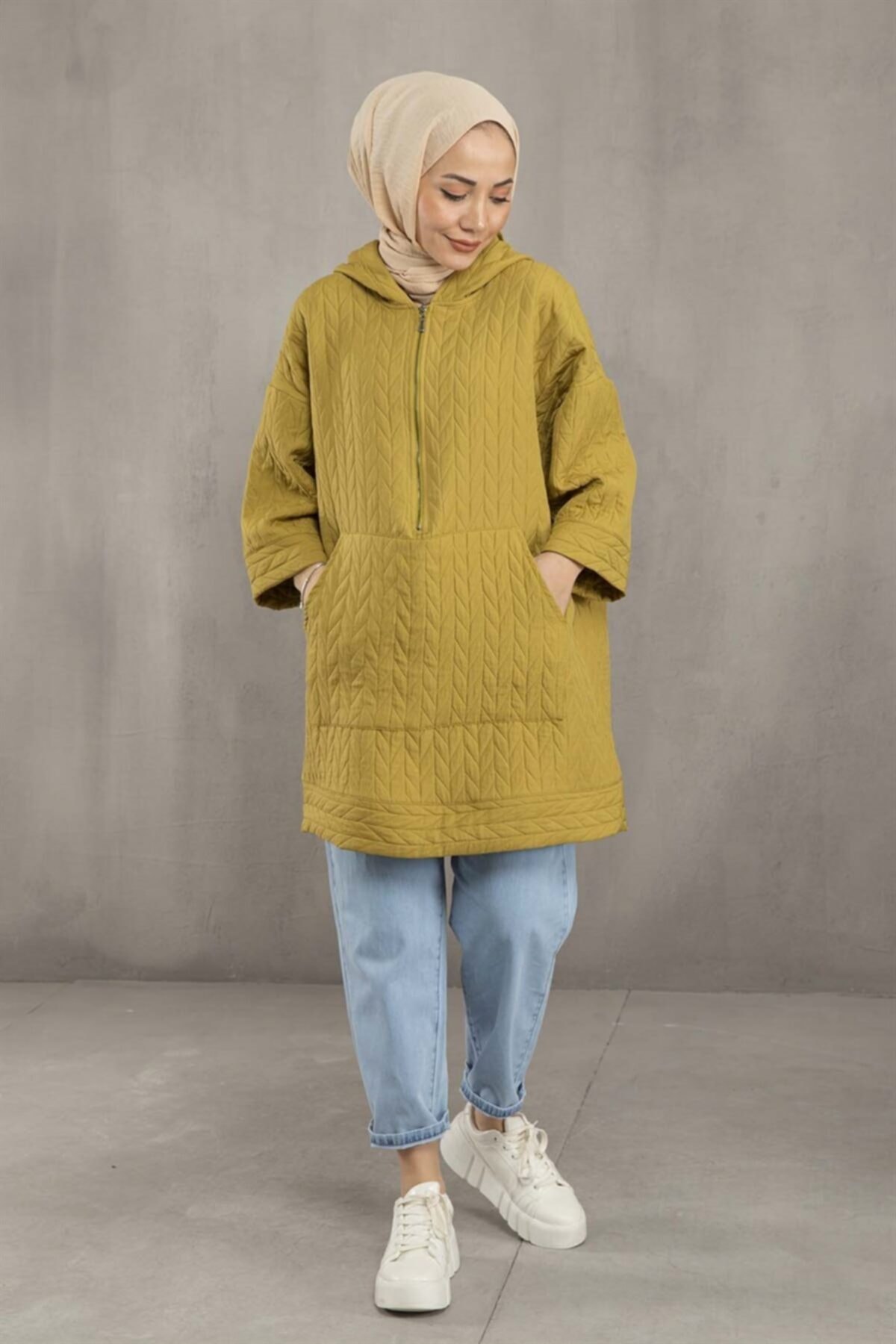 moda ala Kendinden Desenli Kapüşonlu Sweat Yağ Yeşili