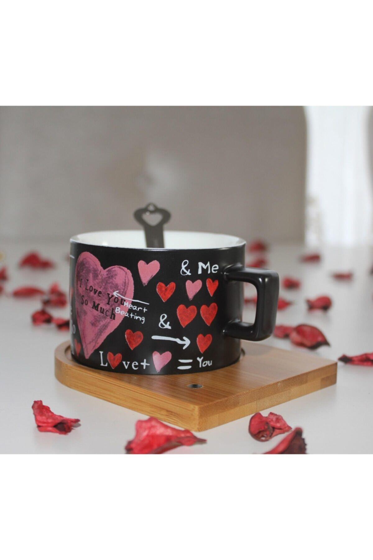 angel store Kalp Desenli Love Mıknatıs Kaşıklı Kahve Fincanı 200 Ml