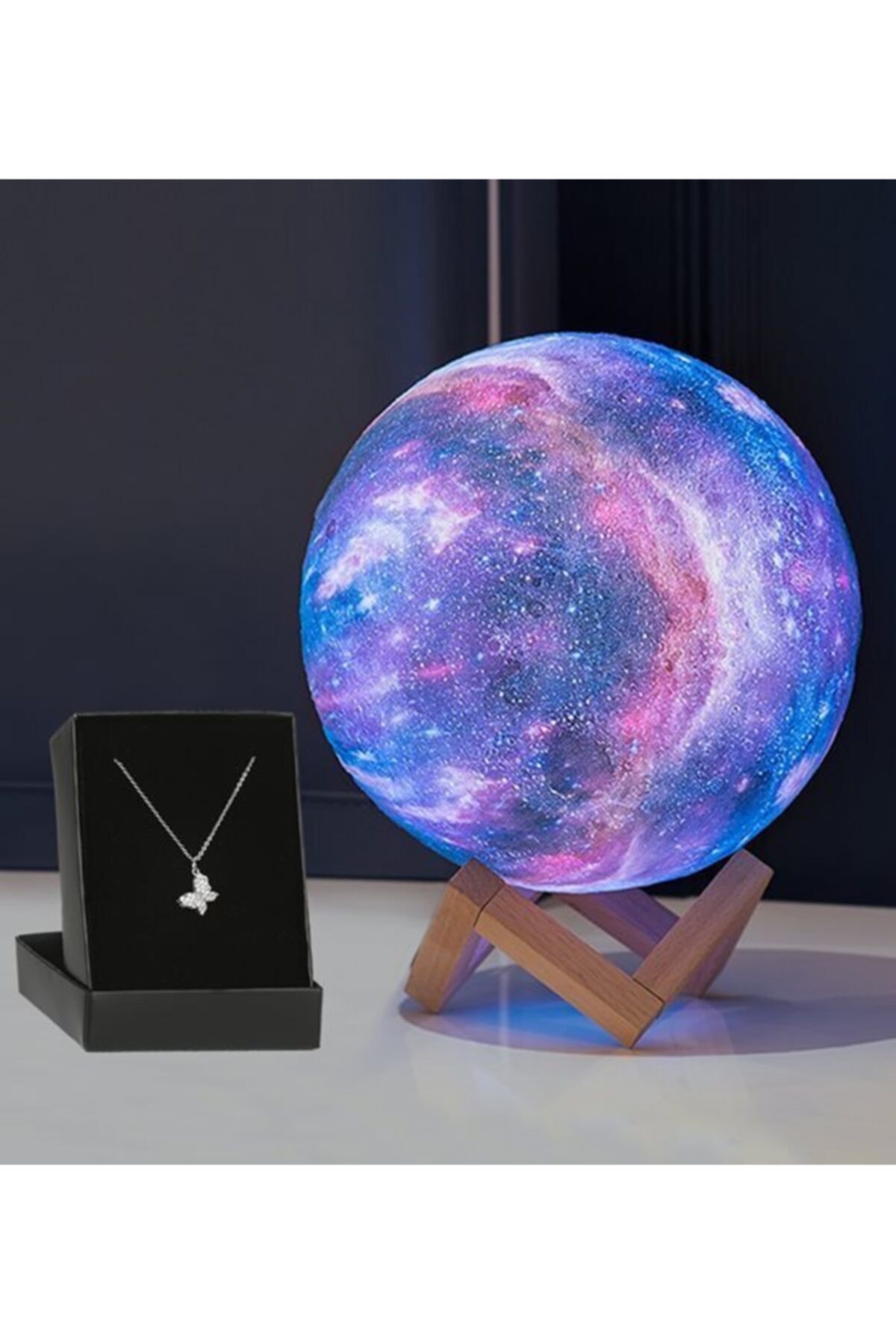ÖZEL SHOPS 3d Galaksi Gezegen Gece Lambası Ve Kelebek Kolye