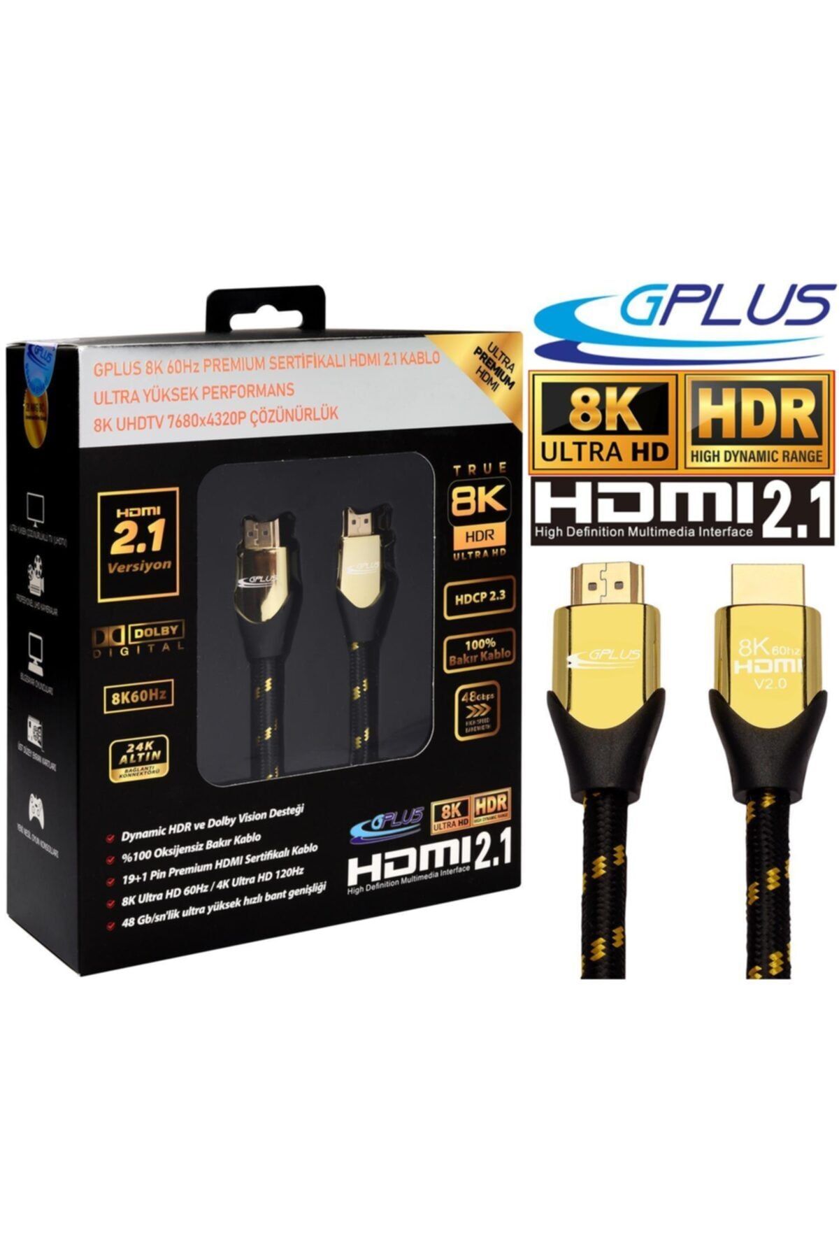 Gplus 8k Ultra Hd 60hz 48 Gbps Hdcp 2.3 Hdmı 2.1 Earc D-hdr 26 Awg Örgülü Kablo 8k6050 5 Metre
