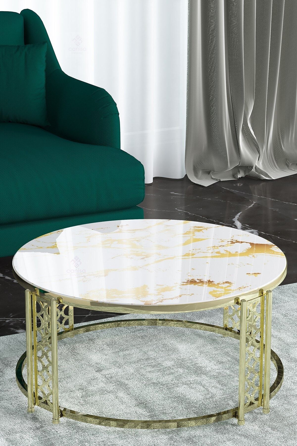 Canisa Concept Paris Serisi , Kırılmaz Temperli Cam , Orta Sehpa, Beyaz Sarı Mermer Desen, Gold Ayak