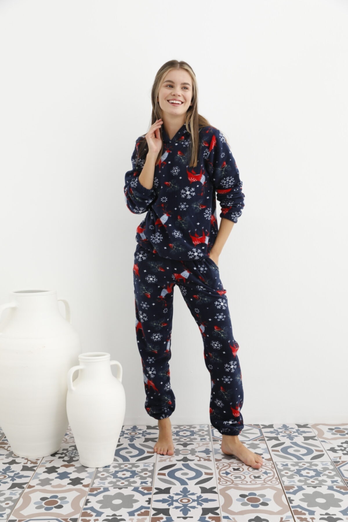 Muka Kadın Lacivert Geyik Desenli Kapüşonlu Polar Eşofman Pijama Takımı