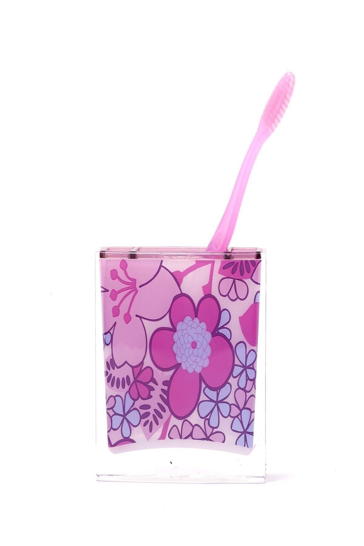 Bosphorus Diş Fırçalık Pembe Çiçekli Akrilik Model 10x10x3cm