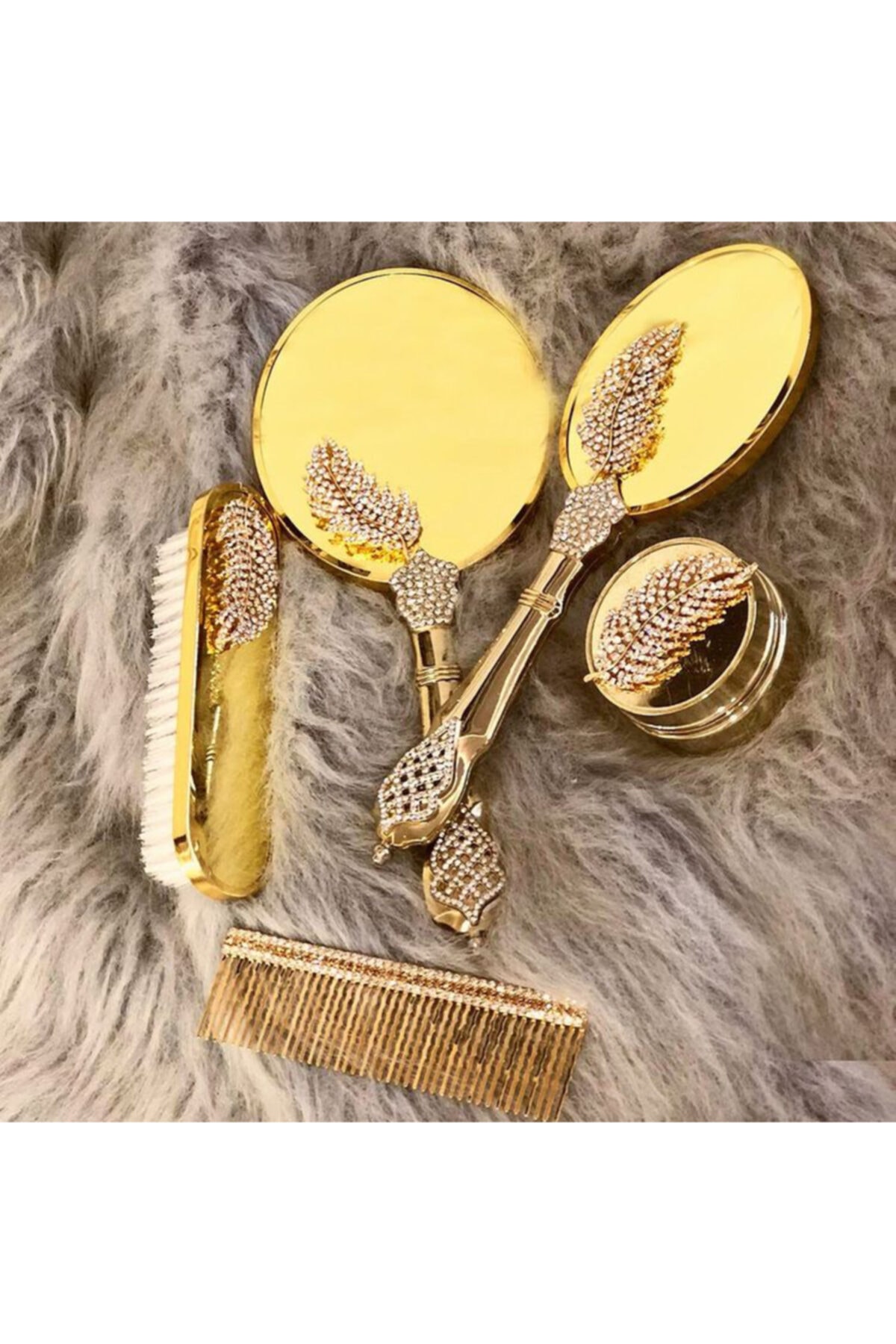mahmut çeyiz Lüx Krom 4 Parça Ayna Ve Tarak Seti Altın