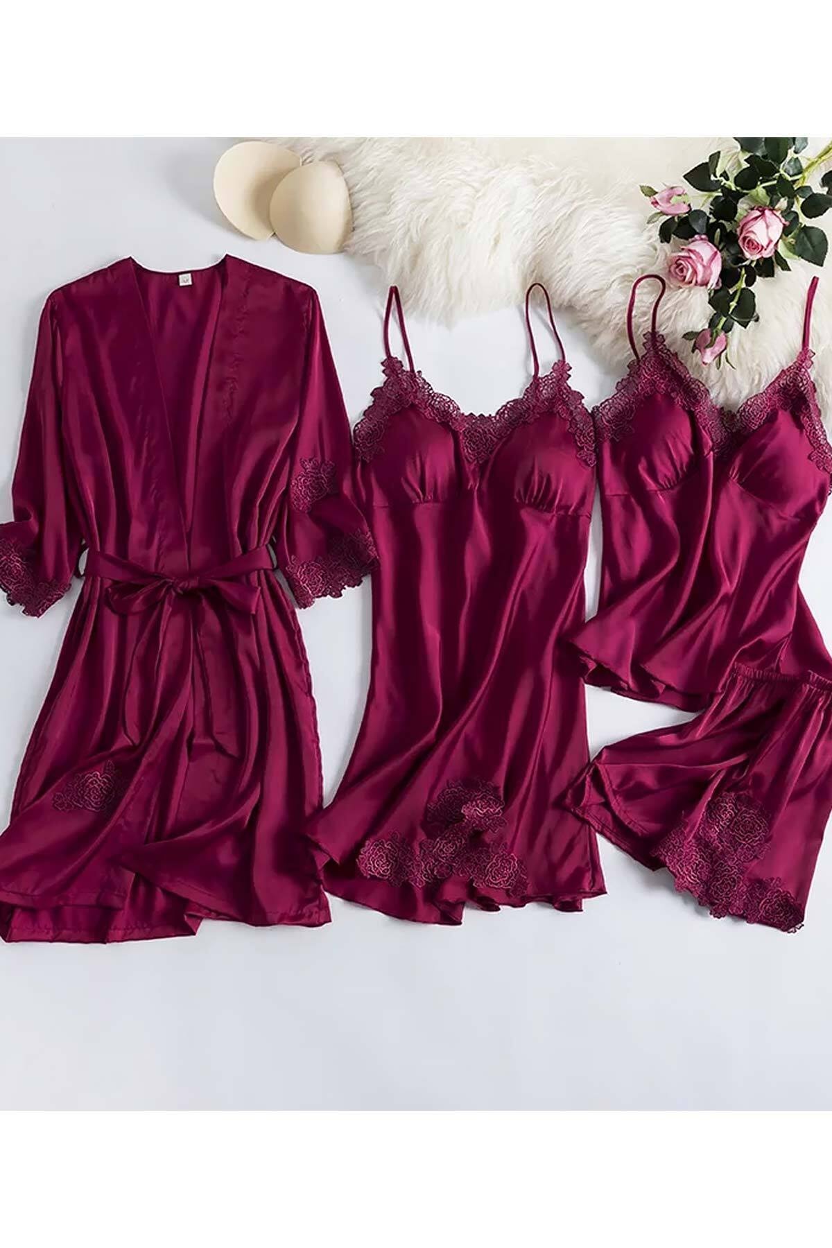 Çeyize dair herşey Bordo 4 Lü Saten Sabahlıklı Şortlu Pijama Seti